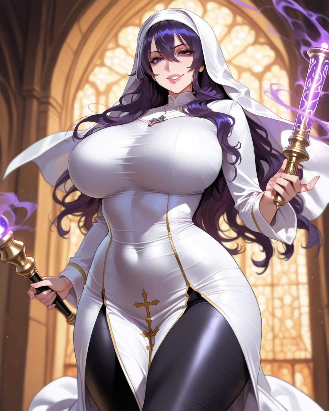 annangle,huge chest, curved, female,fantasyhere is a cartoon picture of a woman with a very large chest, , vest, pants, black hair, sacred aura, inspired by Luma Red, the non-binary deity of spring, ethereal rainbow nimbus, the butterfly goddess of fire, inspired by Marie Angel, will have shining around her, like the sun goddess, "uwu the prismatic person,  big breast, happy, beautiful eyes, , full body, walking, long dress, long dre, nun, priestess, saint, body of venus, bent, huge chest, forest, walking, smile, sharp teeth, black coats, coat, jacket, maid, butler, pantyhose, jacket, shirt, black cloths