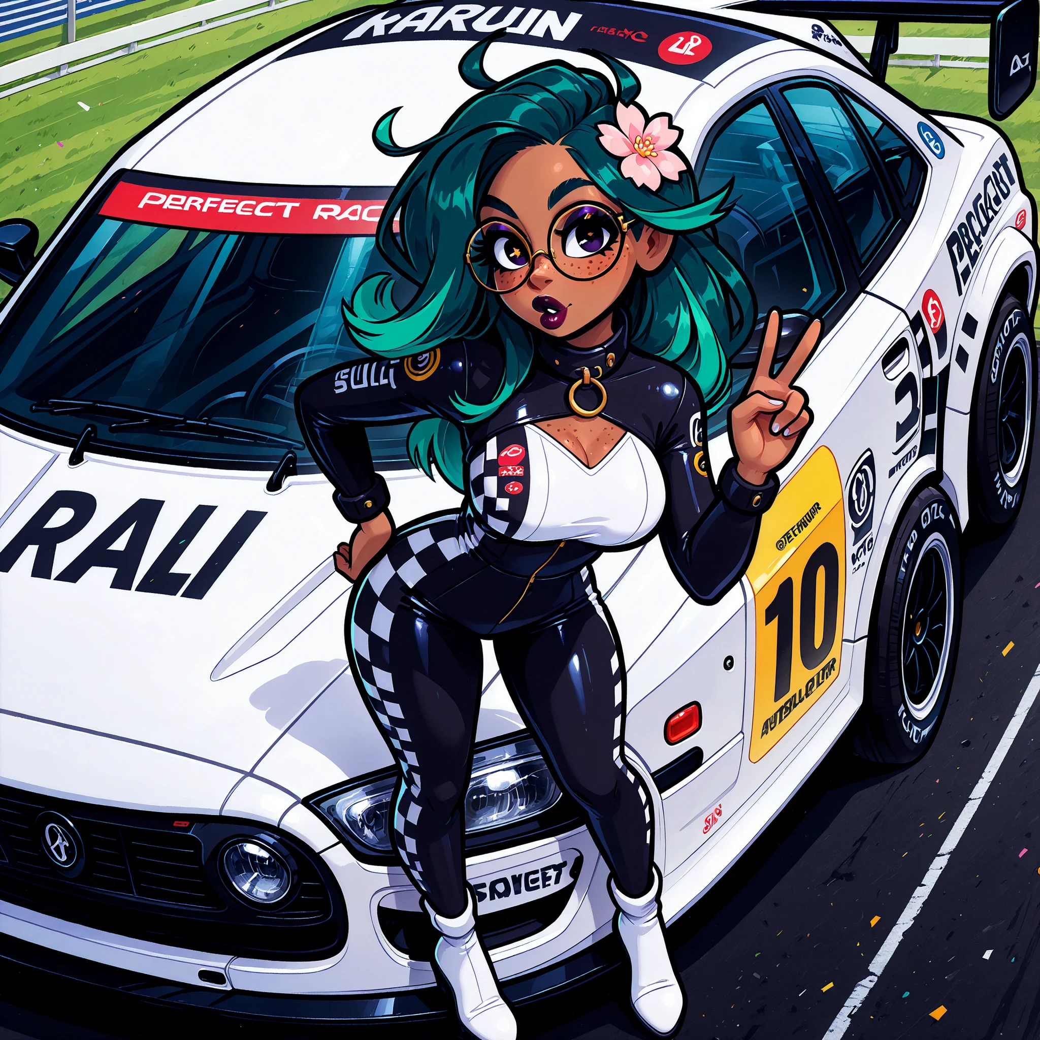 (masterpiece), 1girl, solo, best quality, expressive eyes, perfect face, newest, perfect anatomy, flawless face, dark skinned African female with long hair and glasses, multicolored hair, collar, tight and sexy white racer girl outfit, color saturation, makeup, lipstick, glossy lips, freckles, white boots, looking at viewer, hair blowing in wind, smiling, green hair, two-tone hair, at a racetrack, full body, full body in frame, sakura flower in her hair, peace sign, pursed lips, rally race car in the background, holding a racer helmet, album cover, standing alongside of the car, one hand on hip