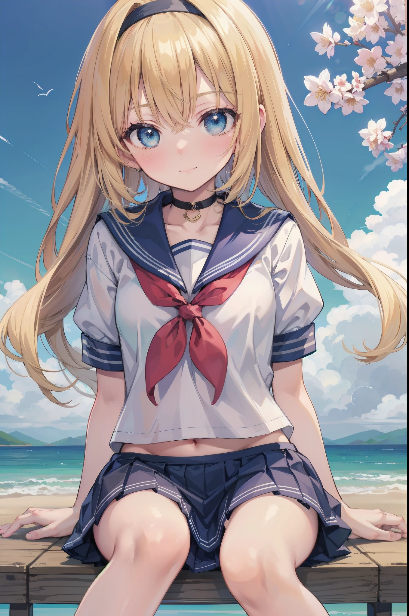 Gently stare, by krenz Cassiato , Asuka, is sitting, Asuka, anime styleイラスト, official art, High Quality Animated Art, high resolution, anime style, (short sleeve summer sailor suit:1.5),
(Mini Skirt:1.4),
Black ribbon choker with sakura charm,
blending mischievous allure with springtime charm,
BREAK
(face close-up:1.4), (NSFW:1.2), ( blond and blue eyed), headband, (flat chest:0.8), (blue sky:1.5),
