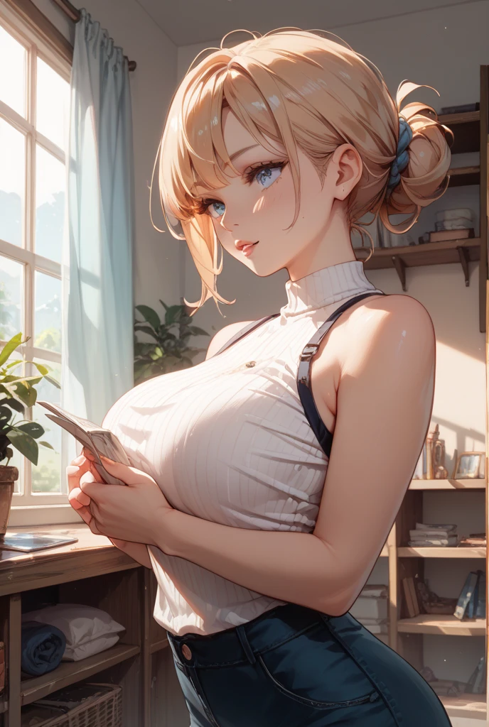 masterpiece、highest quality、Very detailed、An illustration、Beautiful fine details、One Girl、cute、Detailed landscape、Training Room Background:1.4、Platinum Blonde Hair、Braided Ponytail、Red camisole、((D cup breasts, Tank top showing underboob:1.3))