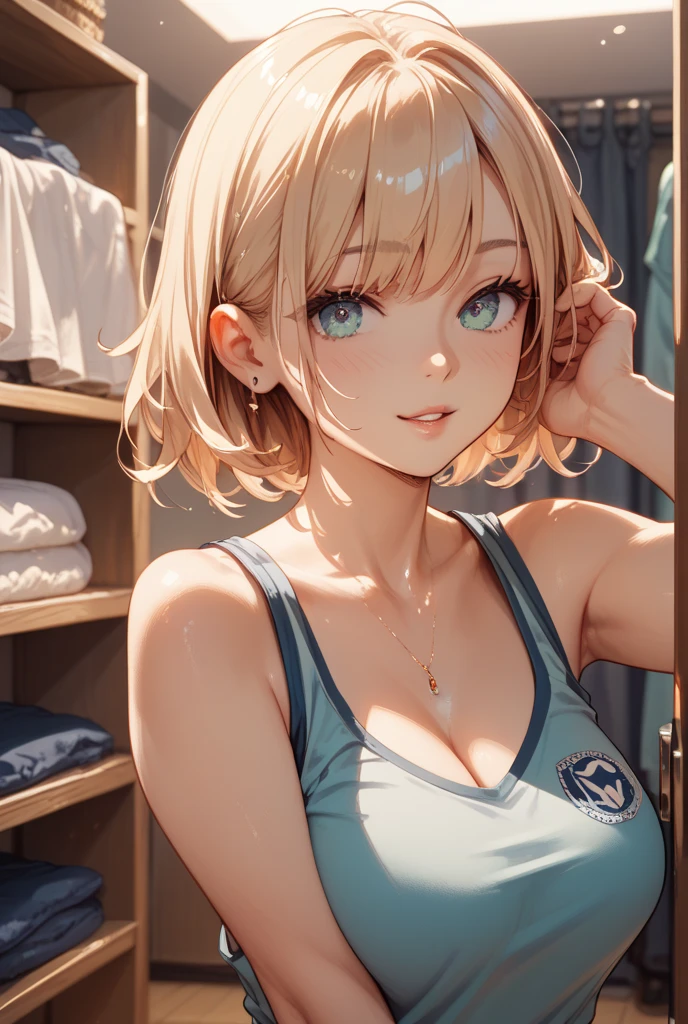 absurderes, ultra-detailliert,bright colour, extremely beautiful detailed anime face and eyes, (独奏:1.6), ;D, shiny_skin,25 years old, Short hair, , asymmetrical bangs, Blonde hair with short twin tails, Shiny hair, Delicate beautiful face, red blush,(lapis lazuli eyes:1.5 ) White skin, hair clips, earrings, a necklace,(Sportsbra:1.2), evening、(running:1.3)、wet、Running through the steppes、
