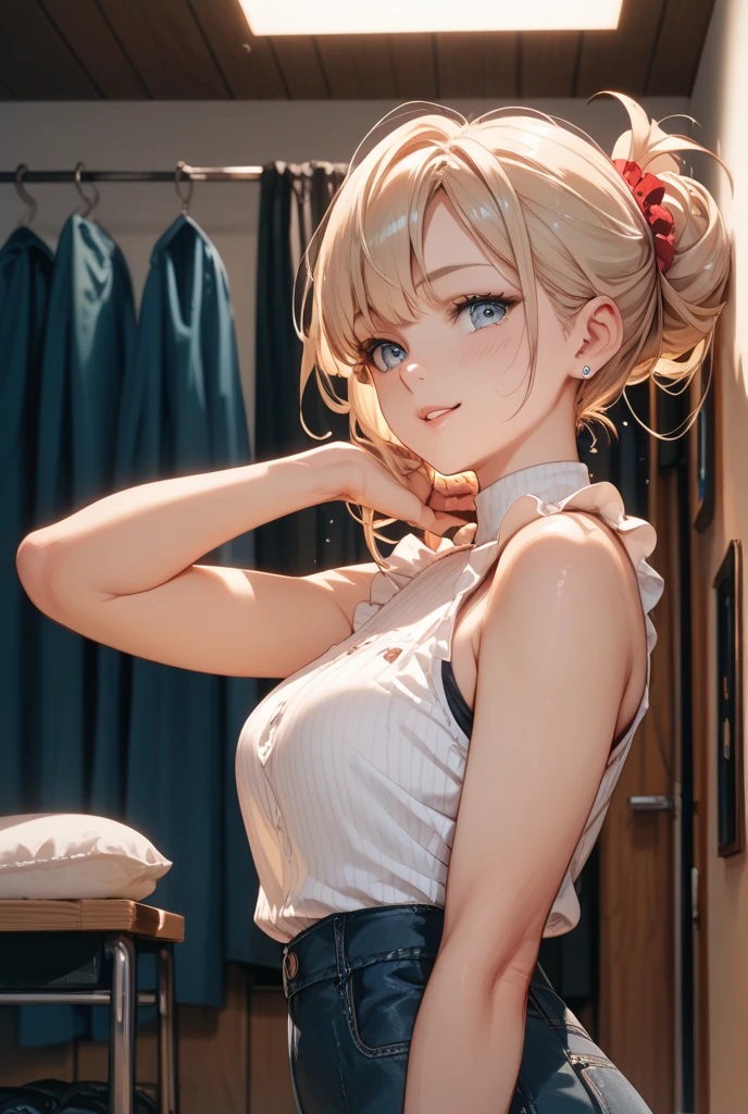 Browsing Caution:1.4, 8k, expensiveest quality, masterpiece, Vibrant, Real person, Unity 8k による壁紙, School classroom、Sit at a desk、Sit with your legs apart、(1 girl) , Beautiful Eyes, (Delicate face) , Perfect detail, (Best lighting) , (超Complexdetailed),、(Shooting from below:1.5)、Peeking out from under the skirt、Cowboy Shot、{Low Angle:1.4}、Showing panties、Laughter、Smiling girl、expensive , {Navy Blue Blazer:1.2}、{White shirt}、{Yellow ribbon}、{Grey pleated skirt}、((Small breasts:1.2))、Wearing a proper uniform、(1 girl),(Beautiful Eyes、detailedに描かれた、Look at the detailasterpieceサイドライト、masterpiece、expensiveest quality、detailed、High resolution illustrations),Delicate makeup, (close:1.2)、throw、Soft focus ground bokeh、Turn to me and smile,black eye,Half-up hairstyle with short bangs((blonde)))、Curly Hair,short hair, ((Low twin towel:1.3), (Short pigtails:1.3), 非常にdetailedな, Complex, Tabletop, Small Ass、thin texpensives