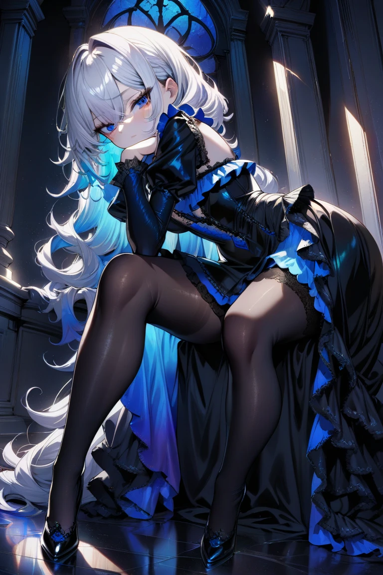 1 mature woman,(Highest quality,Extremely detailed depiction,Incredibly absurd high resolution,Anatomically accurate depiction,Curvy Legs),(Glowing Skin,Shiny skin),(Glowing Skin,Shiny skin,Oilskin),(Sexy maid),(Blue Skin:1.5,Dark Elf:1.2),(Luxurious decorations,Long gloves,Black and white latex maid outfit,Maid Skirt,corset,See-through,black tights),eyelash,A little sweat,(Purple Eyes,Detailed pupil,Half-closed eyes:1.5,Crazy Eyes,There is cleavage in the chest,Wicked Smile,glossy purple lipstick,Seductive gestures),(whole body),Holding a glass tulip in her hand:1.5