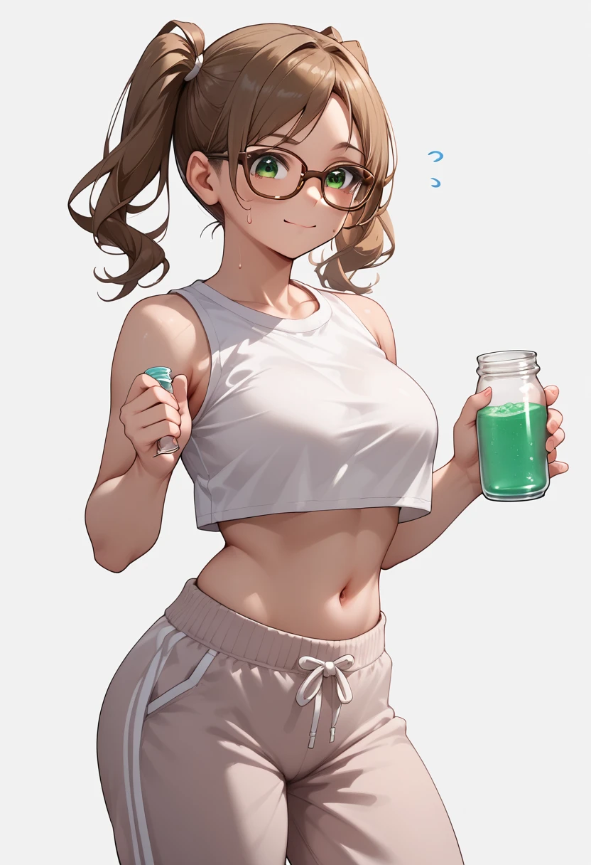 1girl,agawa_ryou,bottle,breasts,brown_hair,cleavage,cleavage_cutout,clothing_cutout,dated,english_commentary,fang,glasses,green_eyes,grey_background,halterneck,head_tilt,holding,holding_bottle,hot,large_breasts,looking_at_viewer,midriff,navel,open_mouth,original,pants,short_hair,signature,simple_background,sleeveless,solo,sports_bra,sportswear,steam,steaming_body,sweat,sweatpants,toned,toned_female,water_bottle,wiping_face,wiping_sweat, best quality, masterpiece, nai3