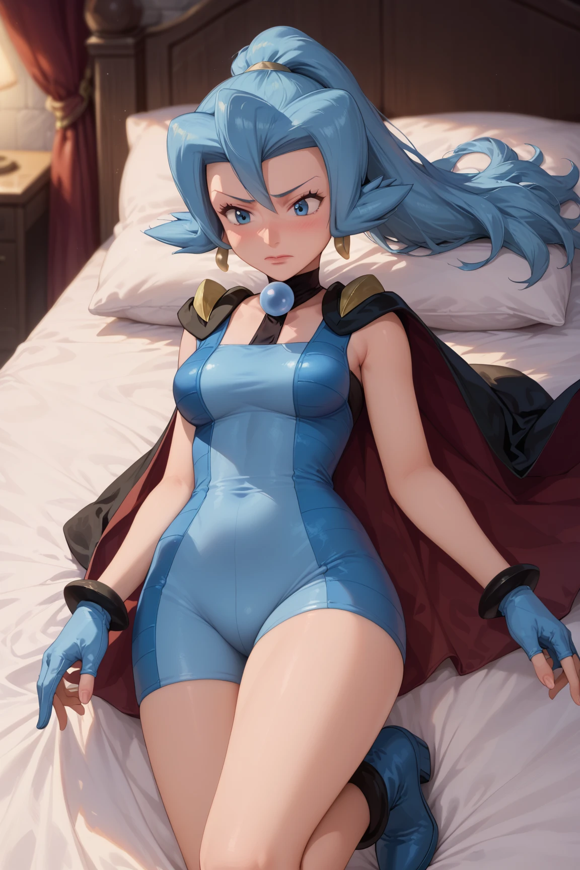(best quality), (masterpiece), 1 girl, early 20's, huge heavy breasts, busty, perky breasts, thick, thick lips, wide hips, pkmnClair, ponytail, earrings, choker, cape, blue bodysuit, blue gloves, bracelet, blue boots