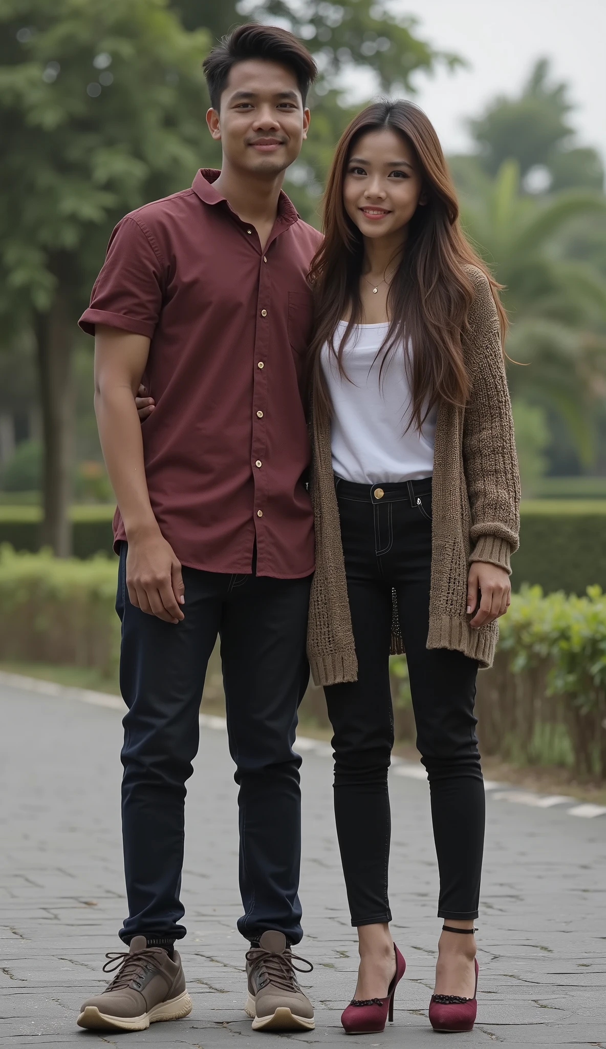an Indonesian man and an Indonesian woman standing next to each other, an image, inspired by Adam Dario Keel, which is trending in the cg community, a handsome young Indonesian man with a beautiful young Indonesian woman with tangled hair, a man dressed in a shirt with shoes and a woman dressed in a cardigan with shirt and skinny jeans and heels. singer, movie screencap, model elisajes from acquamodels