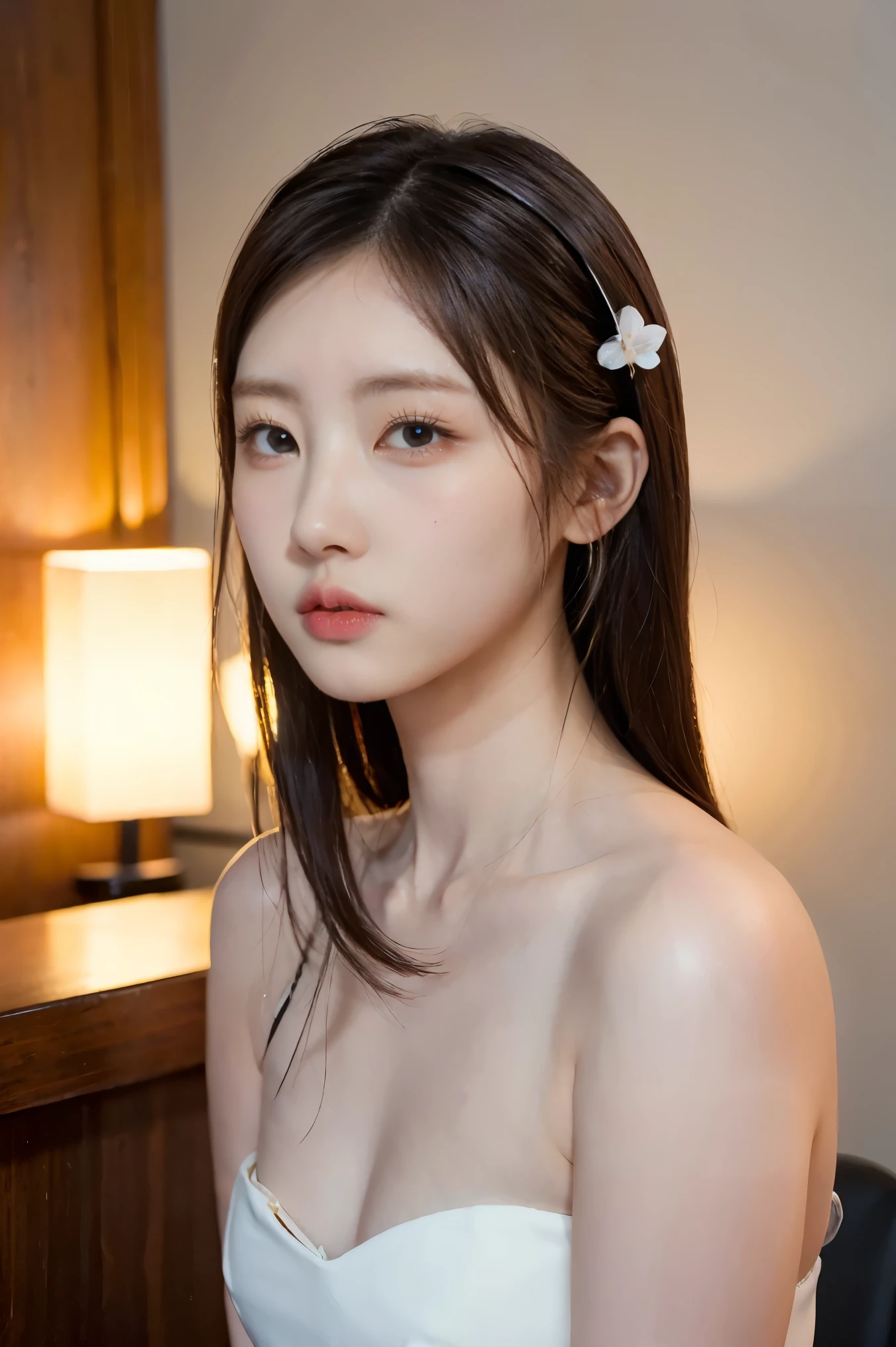 full body.A gentle and lovely Chinese beautiful woman, delicate and sexy collarbone, charming goose egg face, double eyelids, smart peach blossom eyes, pink lips, small upturned nose, bare shoulders, focused face, face close-up, ultra HD, super detail, full body photo, ultra-thin light transmission optimal ratio four fingers and one thumb, JK miniskirt