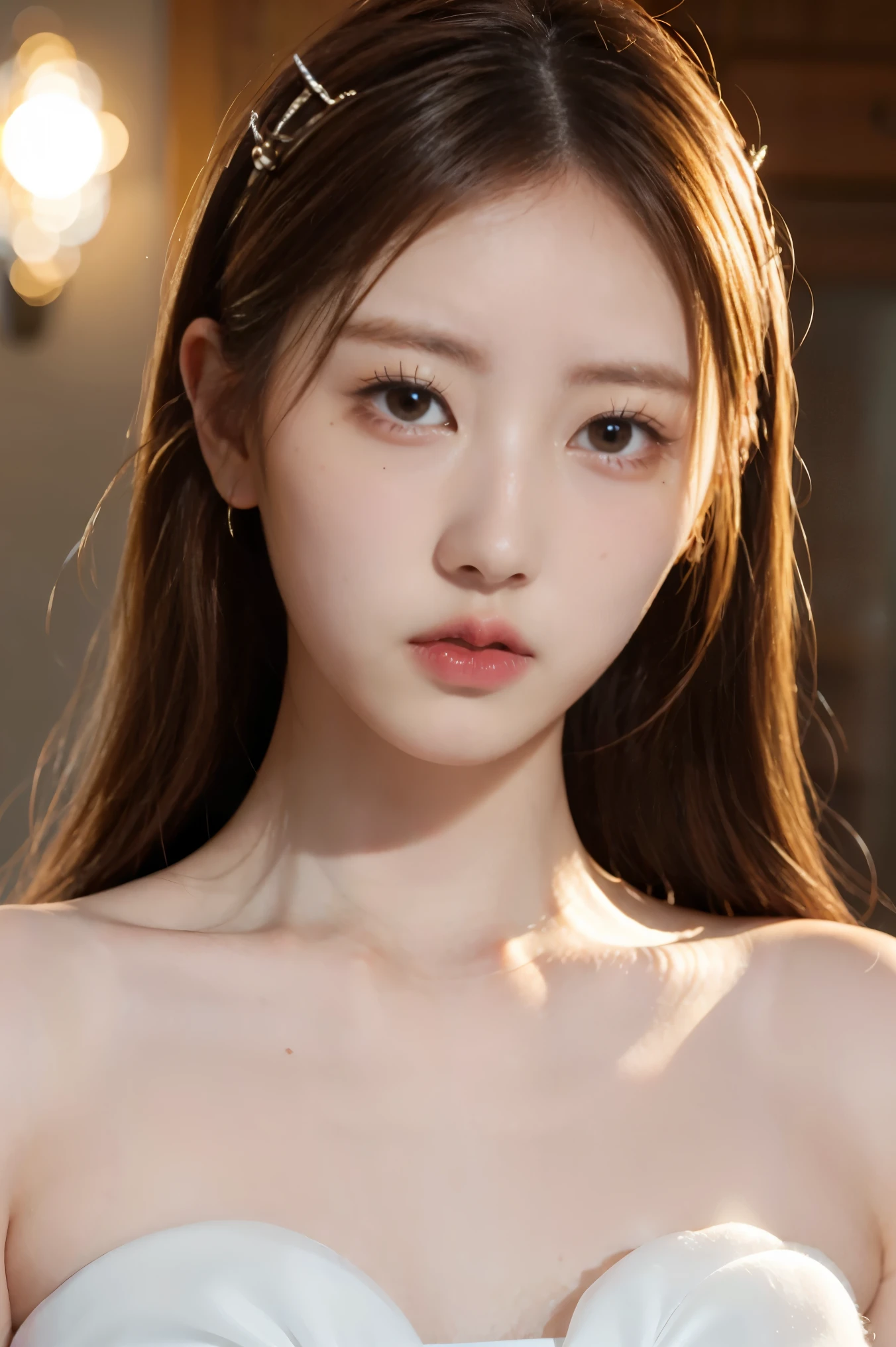 full body.A gentle and lovely Chinese beautiful woman, delicate and sexy collarbone, charming goose egg face, double eyelids, smart peach blossom eyes, pink lips, small upturned nose, bare shoulders, focused face, face close-up, ultra HD, super detail, full body photo, ultra-thin light transmission optimal ratio four fingers and one thumb, JK miniskirt