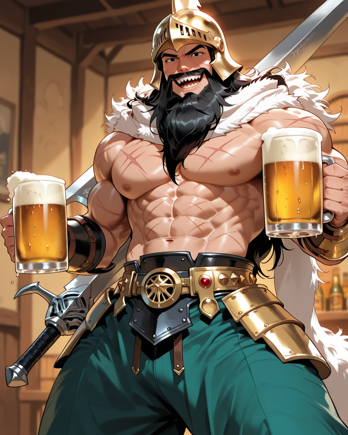 Drunk dazed men drinking tankards of ale in a medieval tavern grow out of their clothes and turn into Orcs as an Orc bard plays a hypnotic beat on his drum. Human face. Big biceps. Big triceps. Big traps. Broad shoulders. Thick meaty pecs. Swollen glutes. Hyper muscle. Slumped shoulders. Dazed drunk expression. tusks. Skin turning green in patches. warband. Warrior. loin cloth. torn clothes. Human to orc. transformation conversion. Assimilation. "I ... I want to ... Me want FIGHT!" Flexing muscles. Wrestling. Broken tables. Tavern brawl. Barbarian. Thug. Hyper crotch bulge. Big bulging crotch. crass. Fight. Brawl. Warrior. Barbarian. Bahgtru.