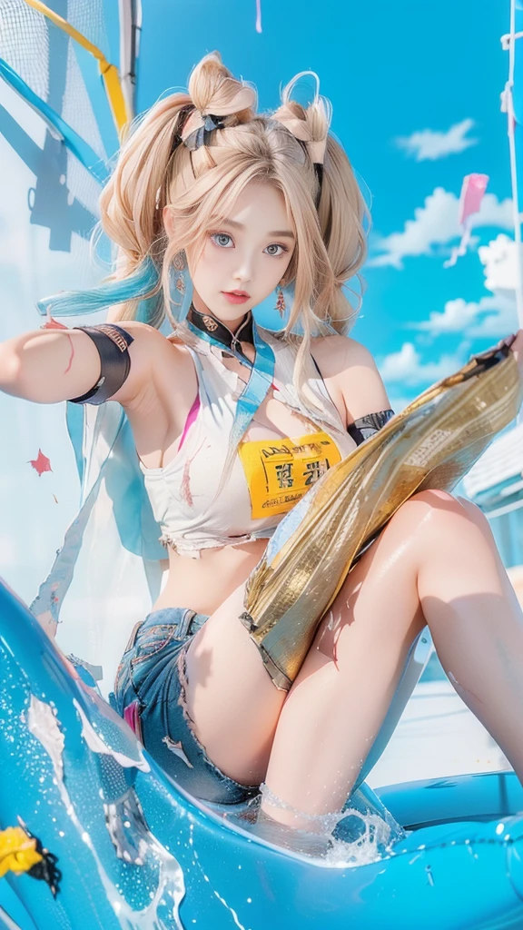 detailed face, masterpiece , Highest quality , Very detailed , 1 person, ((Contrasting Eyes)) , (Have fun), ((running)) , bikini, Beach , bangs