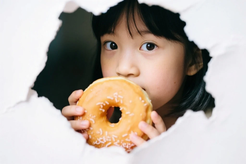 A little girl sitting at the dining table with pink children's watch and fork. The illustration is a high-definition illustration in 4K resolution with highly detailed facial features and cartoon-style visuals.