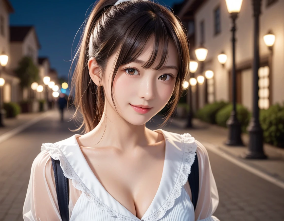 (Masterpiece:1.3), (8ก, Virtual image, raw photography, Highest picture quality: 1.4), Japanese High School Girls、(Random hairstyles:1.2)、Breast cleavage:1.2、Highly detailed face、The Eye of Detail、Double eyelids、Gather your breasts together..、(((Sharp face focus:1.1))) , ((Blurred background1.3)) , beautiful woman:1.4、light brown hair、Highest quality、Masterpiece、Ultra high resolution、(Virtual image:1.4)、Highly detailed and professional light smile、Open shoulder shirt, Stretch shorts, Serious facial expression、short hair、Serious position, amusement park, carousel, ferris wheel, viking, castle , ((laugh1.3)) , ((Night 1.2))