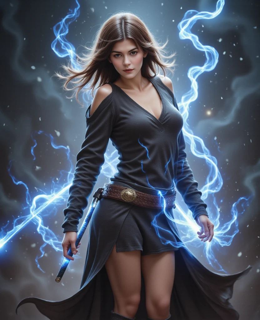 À la Fed image of a woman in a black skirt and black shirt, brown short hair, pointed ears, a splash of lightning behind her, she is lightning, lightning fantasy magic, goddess of lightning in Japan, goddess of lightning, lightning, realistic lightning, lightning effect, lighting and thunder, Maya Ali as a lightning sorceress, rain and lightning, detailed lighting and thunder, forest