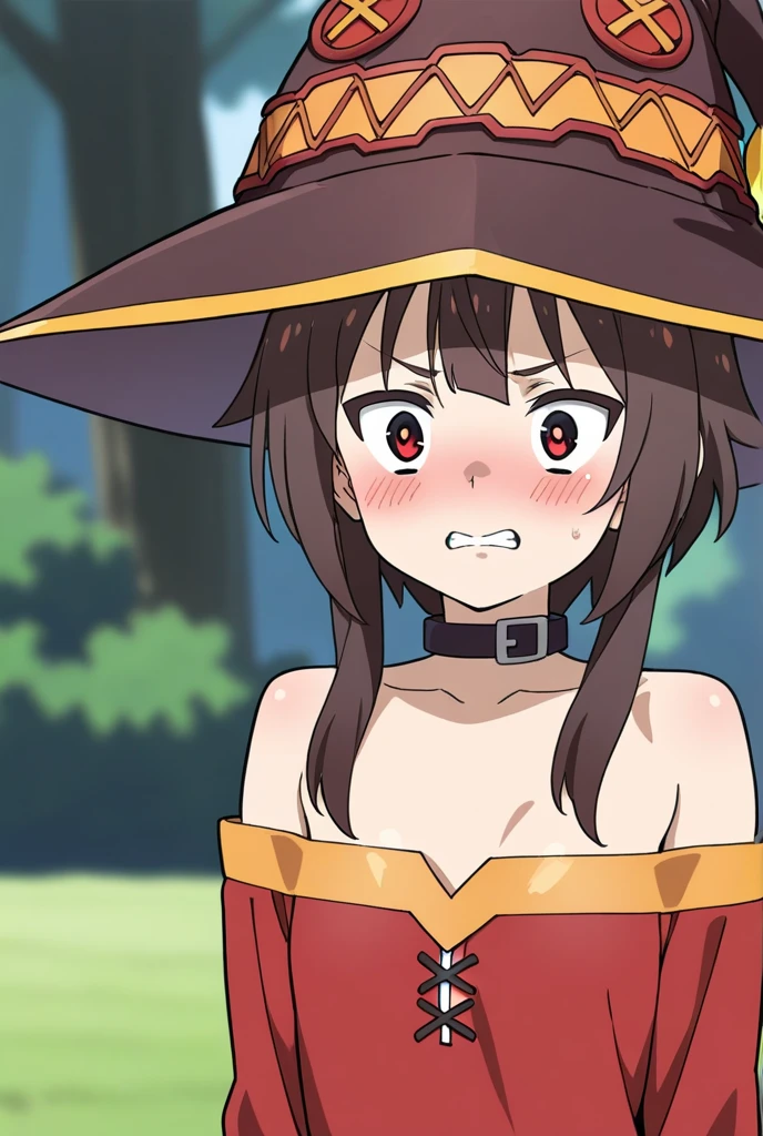 score_9, score_8_up, score_7_up, source_anime, anime screencap, anime coloring, Megumin, witch hat, red shirt, off shoulder, naked, nipple, open mouth, blush, surprised, embarrassed,