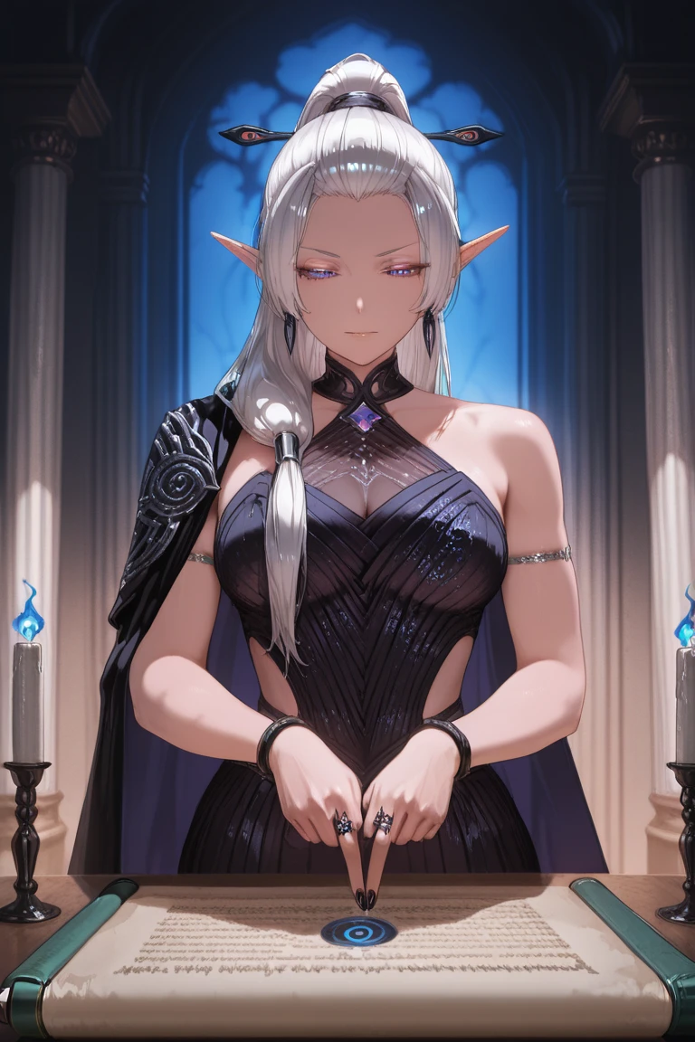 tall slender person,
fit female,
elf female,
pale white skin,
body tattoo,
black sclera,
yellow eyes,
heterochromia,
purple hair,
purple lipls,
long pointy ears,
black robe,
open robe,
short armor skirt,
gauntlet,
fingerless gloves,
standing,
looking at viewer,
black red color,
thematic background,
darkness theme,
dynamic light,
ultra detail,
extremely detailed CG,
realistic, 8k,
micro intricate,
((((comicbookpencils)))),
realistic,
highly detailed skin,
highly detailed face,
highly detailed pupils,
highly detailed iris,
RAW photo,
best quality,
high resolution,
((masterpiece)),
tonemapping,
photorealistic,
realistic,
professional photography,
sharp focus,
HDR, 8K resolution,
intricate detail,
sophisticated detail,
hyper detailed,
(depth of field),
highlight and shadow,
volumetric lighting,
professional light,
highly detailed background,