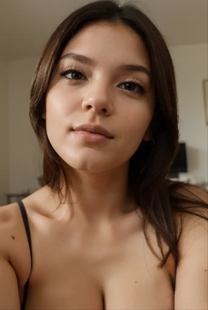 Mulher morena de cabelo longo sorrindo de olhos claros