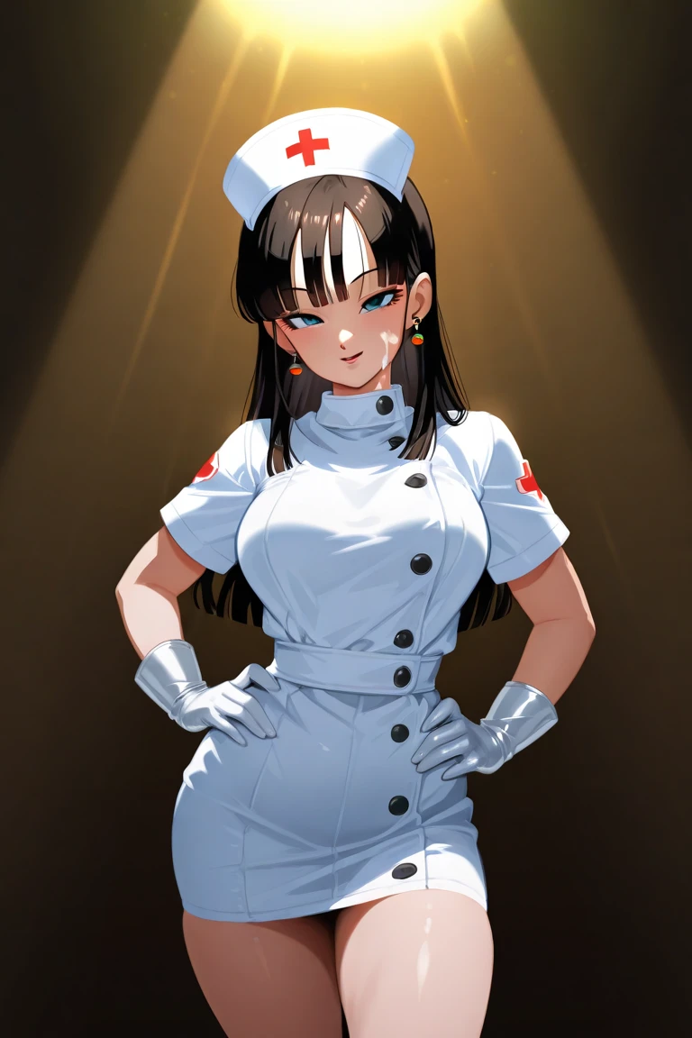 (masterpiece, best quality), SShutaraV4, source_anime, natural light, senjumaru shutara, 1girl, solo, slight smile, long hair, bangs, blunt bangs, sidelocks, (black eyes), (black hair:1.4), makeup, lipstick, red lipstick, mature, mature female, nurse uniform, rubber gloves, patient room background,