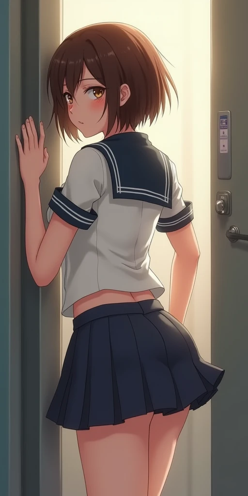 (unity 8k wallpape),(best quality),(high resolution),(ultra-detailed),(perfect anatomy),(beautiful detailed eyes),Subway stairs,Looking up from below,Two girls climbing the stairs,Uniform BREAK,(2girls),(Two Japan Girls),Two people climbing the stairs together,15yo,Sailor suit,Navy blue mini skirt,Whiteソックス,Student bag in one hand,Skirt flipped up by the wind,WhiteTPanties on the back,(Panties that dug into the buttocks:1.3),BREAK,Shooting from a low angle,From a little distance2Photographing people,Photograph the whole body,Put your smartphone under your skirt,BREAK,A girl notices being spied on and turns around,