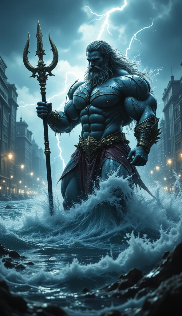 Posidon with his trident fighting a strom at night as a roblox character and hide his nipples ( add text saying “gods of rng” in the background and make it big)
