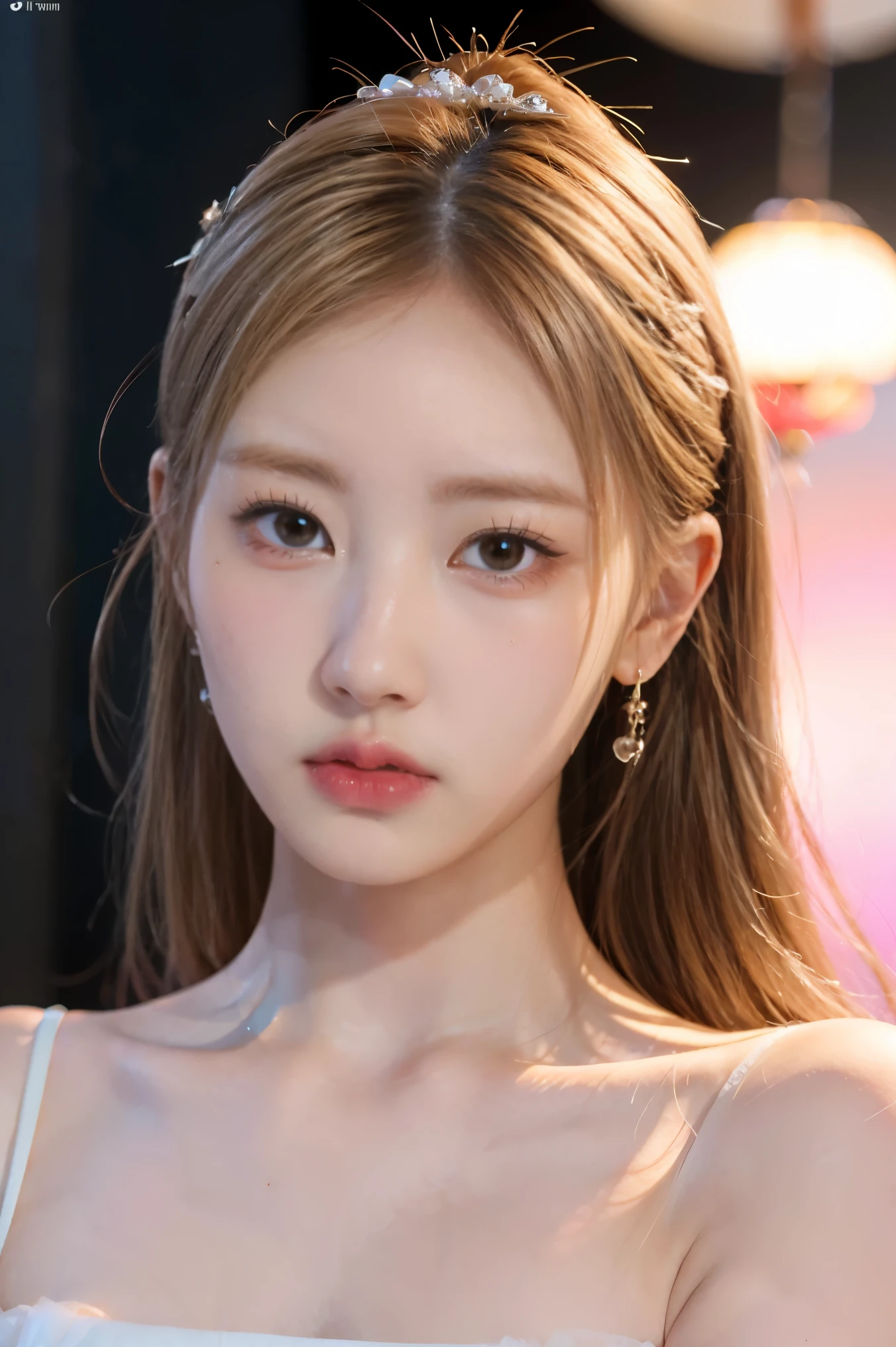 A gentle and lovely Chinese beautiful woman, delicate and sexy collarbone, charming goose egg face, double eyelids, smart peach blossom eyes, pink lips, small upturned nose, bare shoulders, focused face, face close-up, ultra HD, super detail, full body photo, ultra-thin light transmission optimal ratio four fingers and one thumb, JK miniskirt