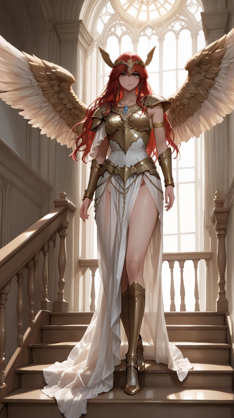 ((masterpiece, best quality, extremely detailed, solo, perfect face, full body)) angel ,white latex, futuristic, feathers, wings, red hair, green eyes, flying, attack