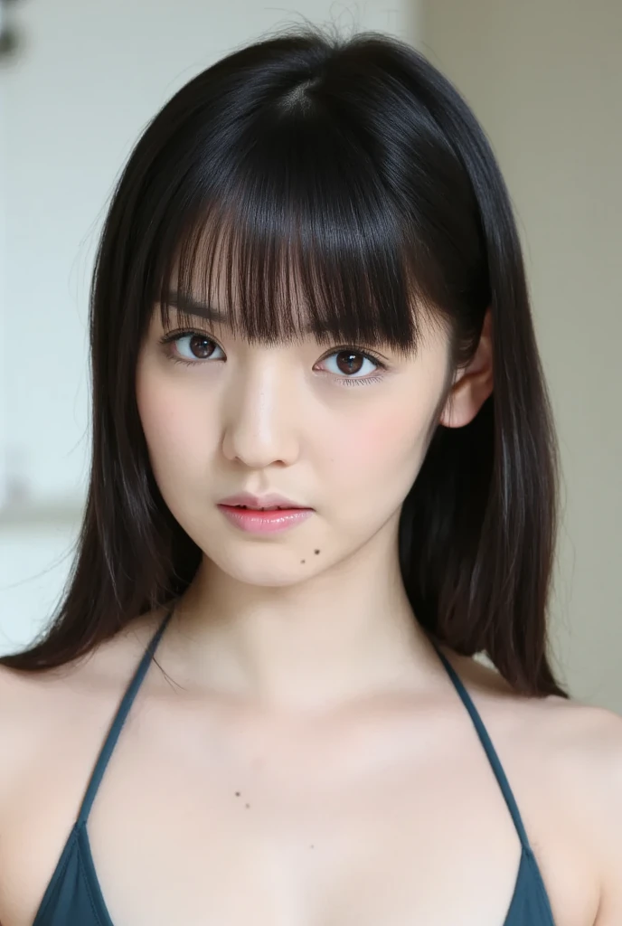 (((tomboy))),(((dark brown hair, long hair))),beautiful detailed hair, beautiful detailed face, beautiful detailed eyes, beautiful collarbone, beautiful body, beautiful leg, beautiful fingers, Eyes staring closely at the viewer, uniform, Purple Eyes, droopy eyes, big eyes, long lashes, slim,(ivory white cropped tank top: 1.4),(belly button out),(shoulders and arms are exposed: 1.3),During break (Damaged Micro Denim Shorts: 1.5),( sports shoes : 1.1),((beachside, orbital space, the midsummer sun shines)),smile,((Squat down and open your legs to stare at the audience: 1.5)), (( The peace sign )),((Audience watching from the front)),((at the end of the door: 1.5))