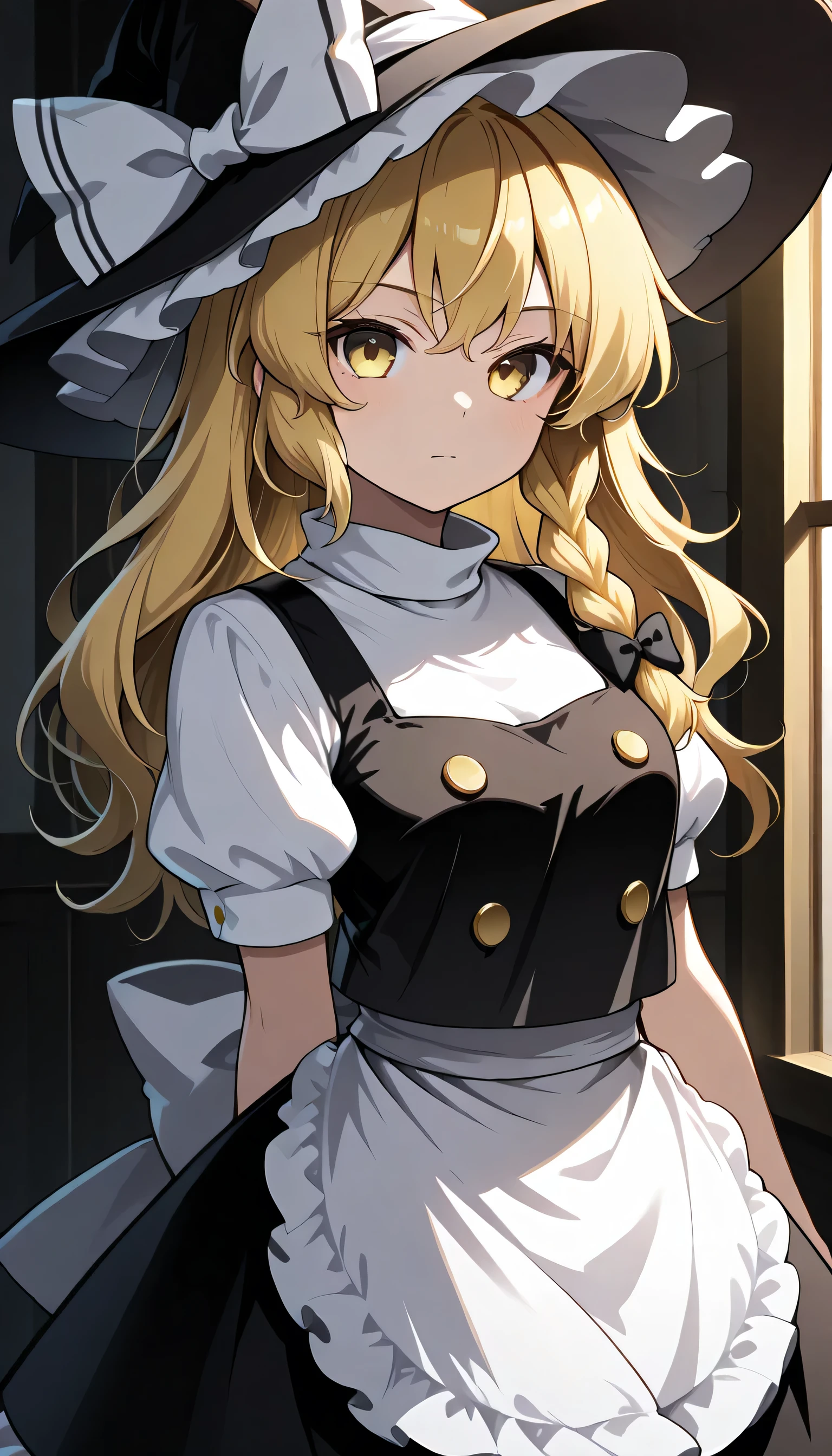Final Fantasy Logo, touhou 6,kirisame marisa, 1girl, solo, blonde hair, yellow eyes, single braid,
witch hat, hair bow, black bow, white ribbon, black skirt, black shirt, short sleeves, waist apron, white sleeves, medium breast,