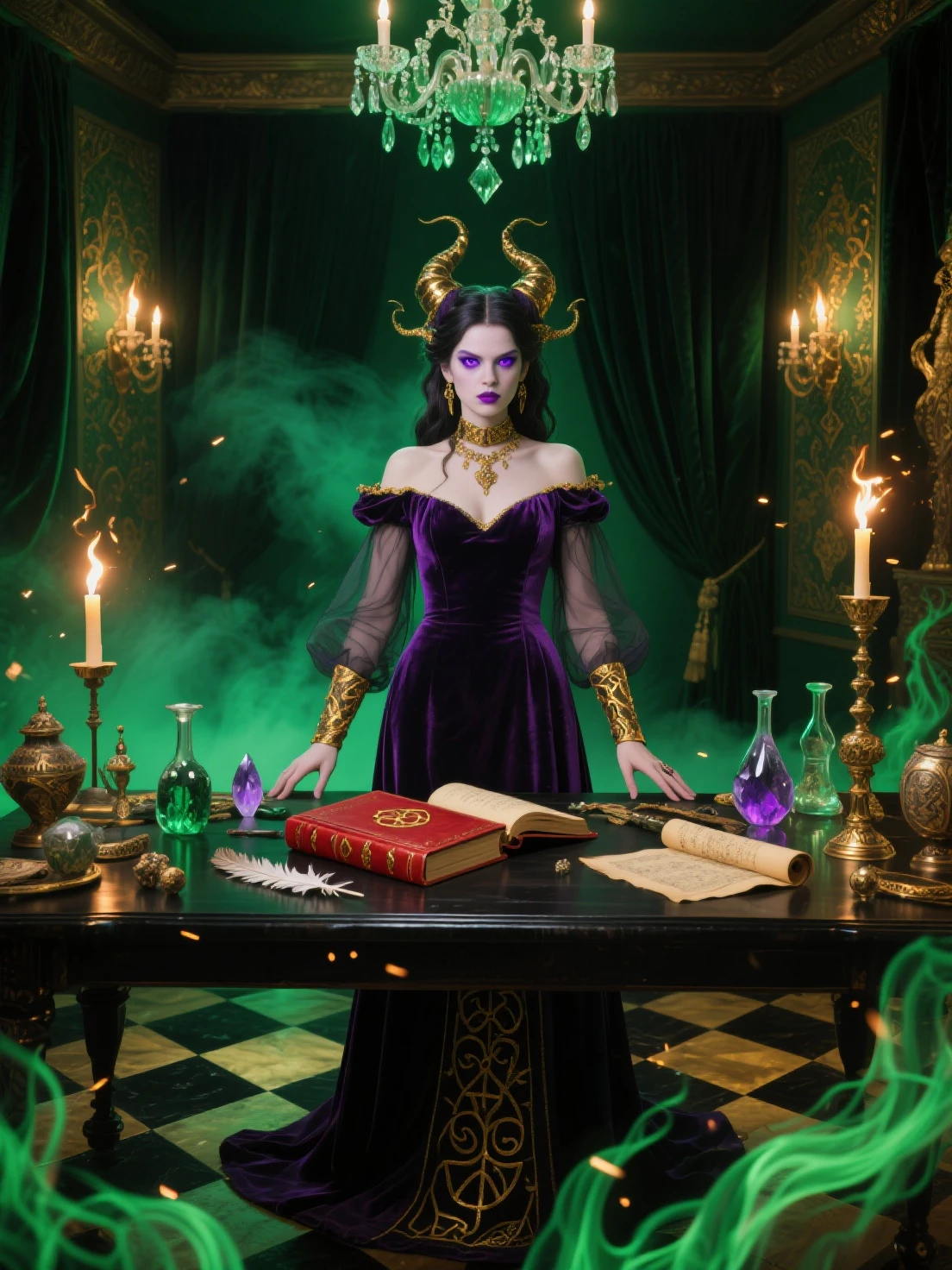 A purple dungeons and dragons tiefling character with black hair who is a sorceress. She is confident and edgy and is currently fighting a battle