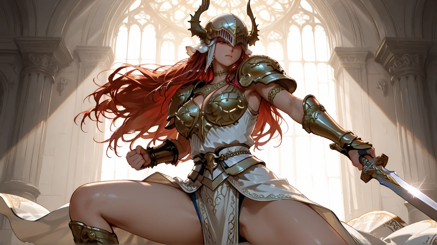 high resolution, Surrealism, Beautiful female warrior in light armor with sword carrying a bloody troll head (（(Big Breasts，Cleavage))）