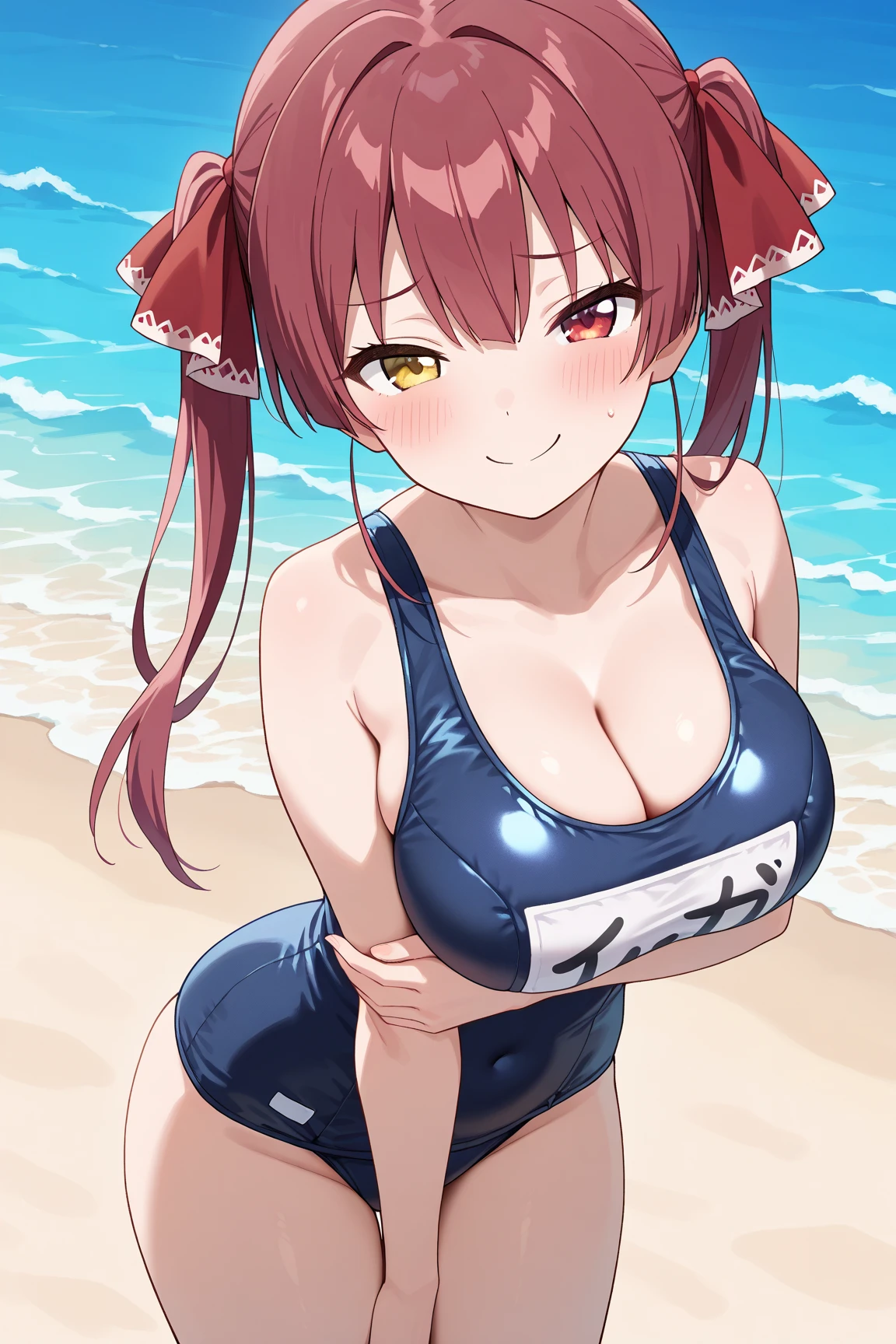 ((close、16k、highest quality、High detail、Rich skin detail, Browsing Caution, sex、Huge breasts、Muscular、low length)), Sweat, ((Browsing Caution、Swollen nipples、one breast out、Black Competitive Swimsuit))、((Armpits、Place your hands behind your head、Kneel))、((Red Hair、Yellow Eyes))、(((((Short bangs、Blunt bangs)))))、(((Long ponytail))), ((blush))、(Wide Hips)、((((Embarrassing))))、((Beach))