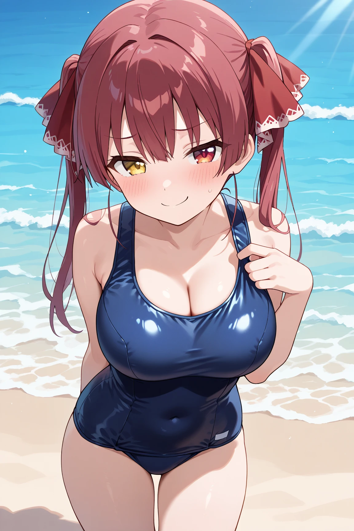 ,heart mark,huge breasts, wide hips,open mouth  ,   ,angry,sweat body,wet body,, cleavage,, solo,navel,twintail,saggy breast,bikini,blush,resort beach