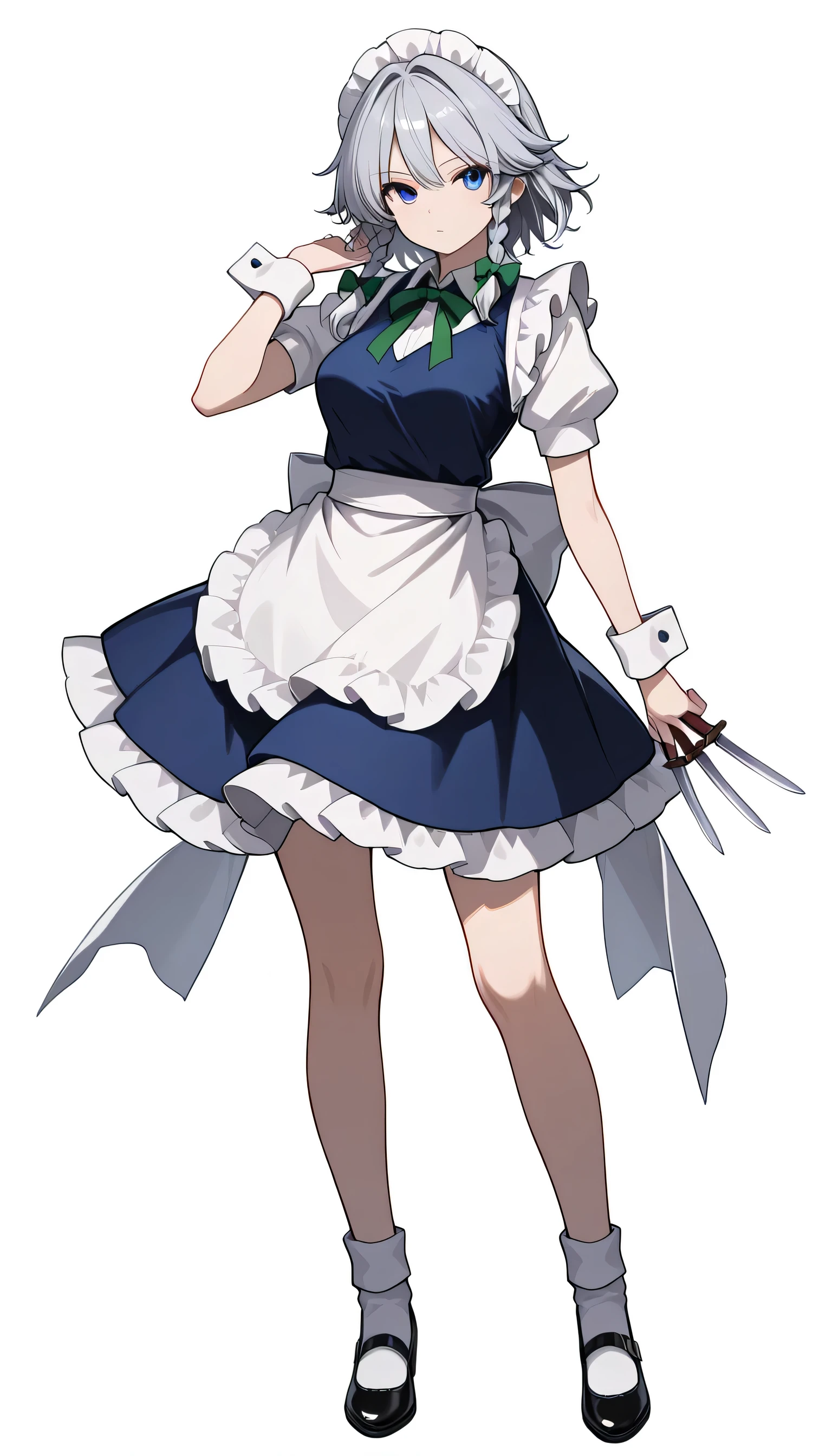 final fantasy logo, Touhou 6,izayoi sakuya, a full body girl, Alone , gray hair, blue eyes, short hair, side braids, twin braids, braid, medium breasts,
hair bow, green bow, maid's headdress, wrist cuffs , waist apron, white apron, arc backwards, white lasso, white socks, black shoes,
pocket watch, knives between the fingers,