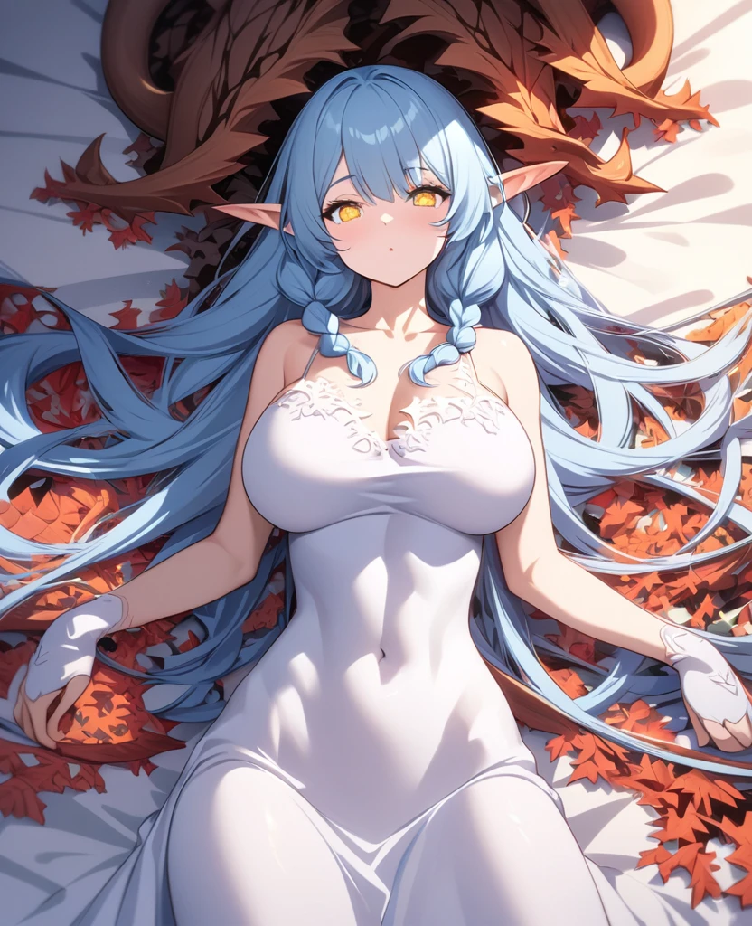 Highest quality, masterpiece, Ultra-high resolution, female、Big Breasts、Snow Wolf Beastman、Hibernation、Sleeping soundly、Eyes closed、Sleep Seeding、Kemomimi、tail、Beautiful costumes、Lying on your back、Beautiful breasts like melons、Facial、bed