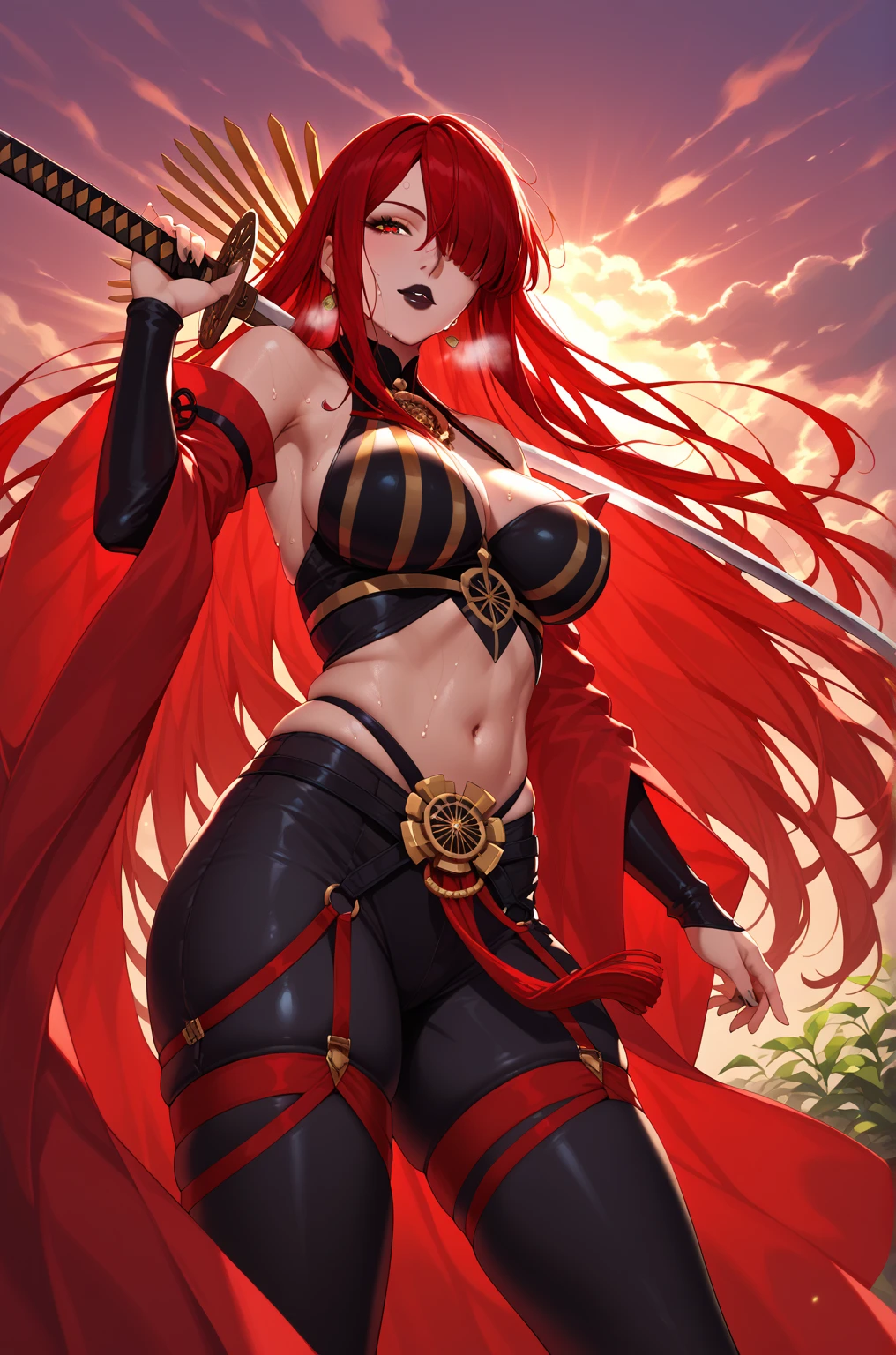 (masterpiece, 4K ,Super detailed:1.2), (anime:1), (Perfect quality), The whole body is shown, View Viewer, Holding a sword, tall, Desperate look, Ultra violent women, Orange Hair, Powerfully々And, RPG concept art character, Elegant appearance