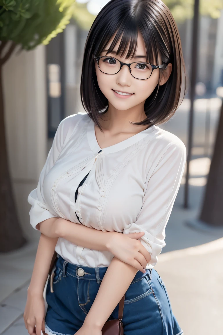High school students、big breasts、eye glass、street alley、unclear、Short Bob、a beauty girl, Wearing Tanktop, seductive smile