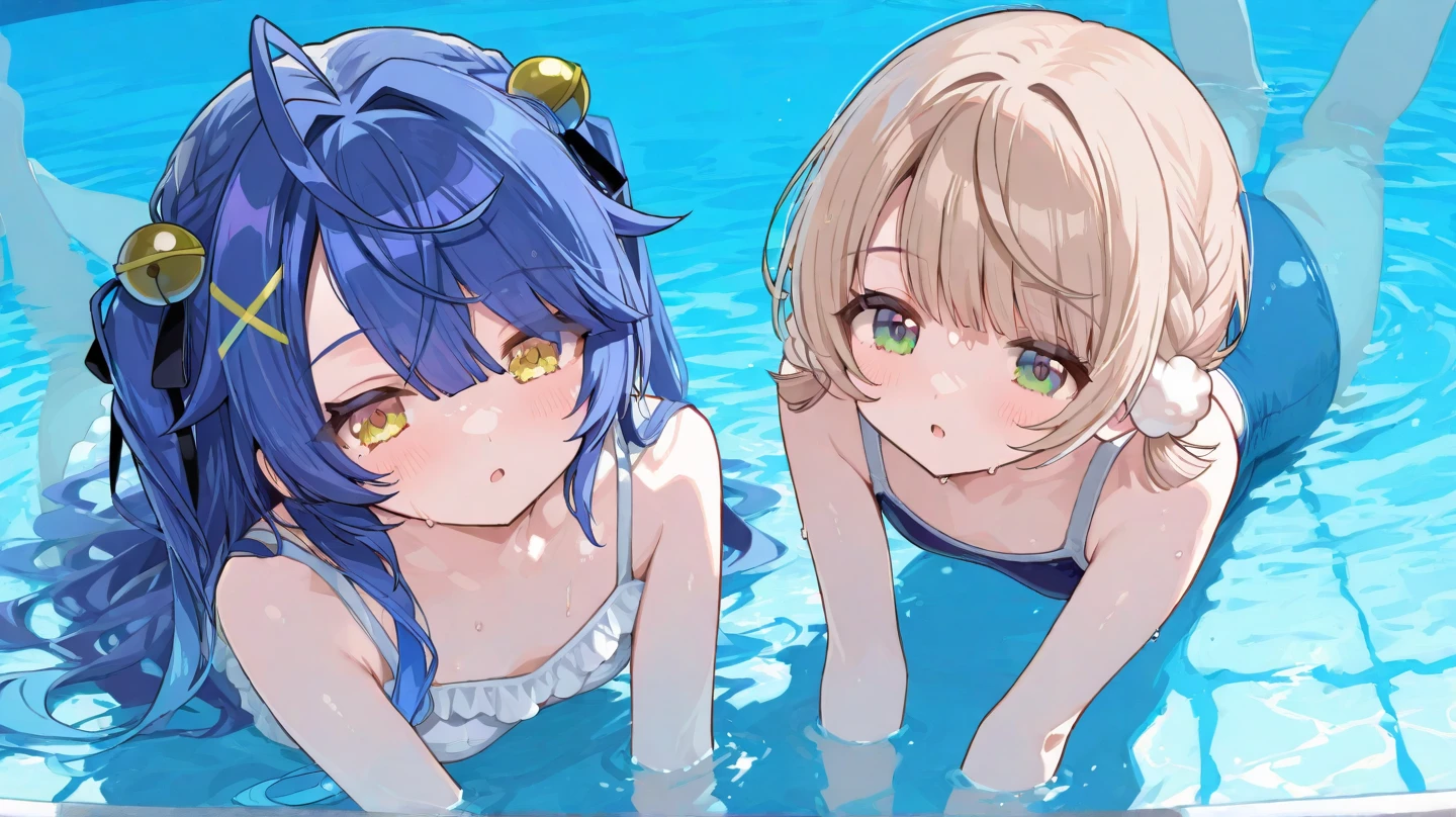 (relax bathing style) (a yo, crew cut silver hair very short hair divine fighter boy, cool red eyes) and (a 15o, green ponytail hair long hair cute girl, cute yellow eyes, love smile, medium tits), break, (in the very large natural hot spring, background nature), BREAK, perfect anatomy, masterpiece, best quality, 16k, beautiful detailed grow, daydreaming expression.