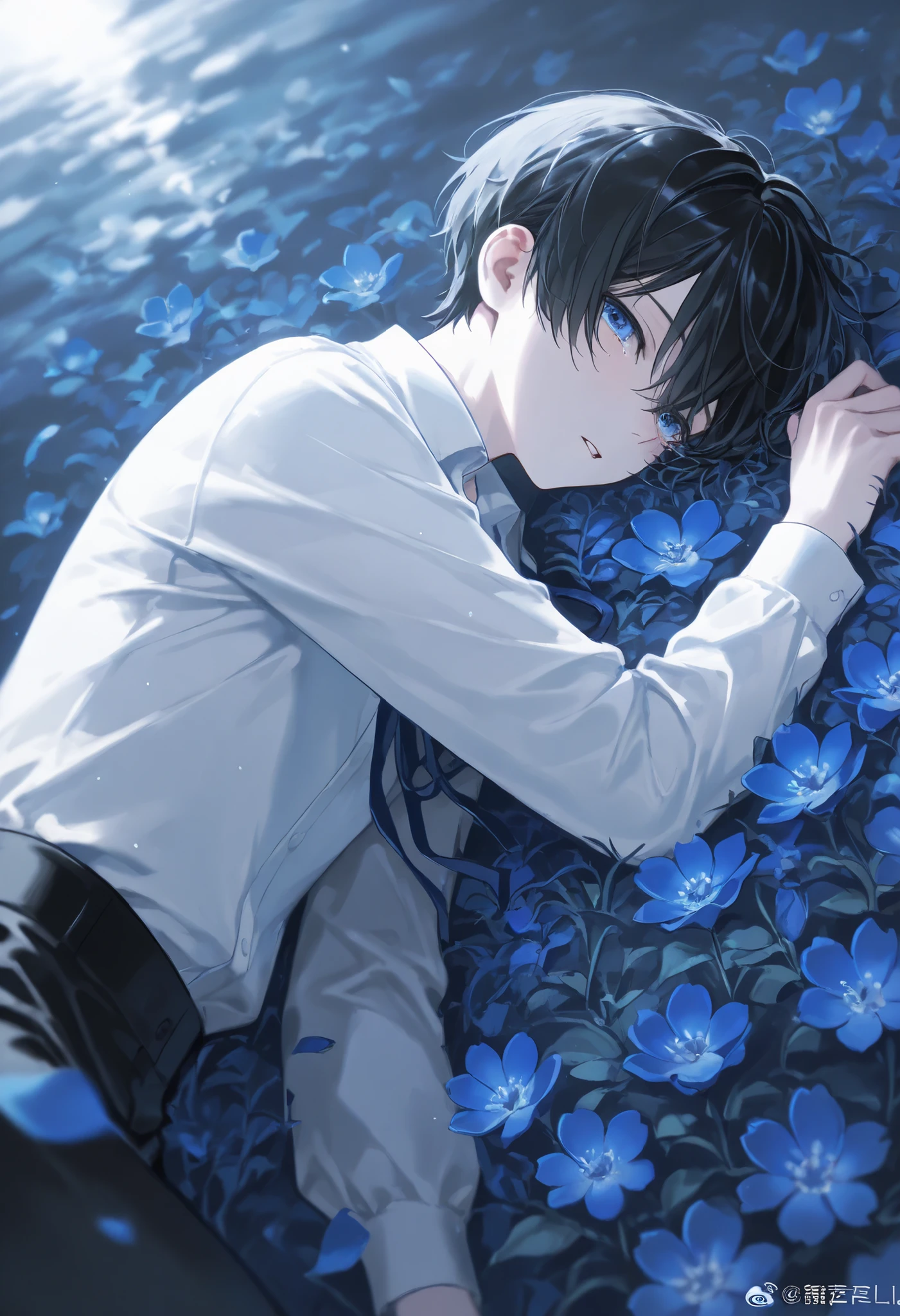 (1 boy with short black hair:1.4),((Blue flowers lie in many coffins))、 white shirt、moonlight、tears