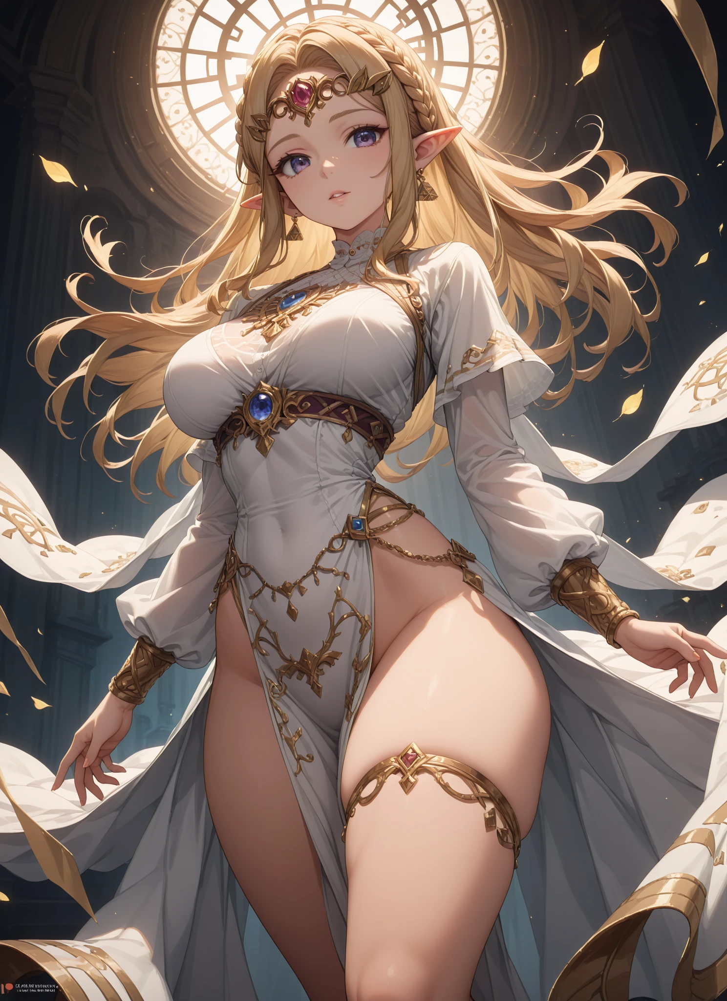 highest quality、Highest image quality、masterpiece、Super beautiful elf beauty from behind((22 years old OL big bust、bust 90,beautiful long ironed hair、blonde、globe、、slender、Close-up、Esbian、beautiful tiara、High quality、beautiful art、background((starry ski)))muste piece、visual art、Depth of bounds written、low angle of morning sky、、elf ears、、magic of light、space knight、harp melody🎵、A happy smile、gentle light、、Beautiful legs that are gentle on the skin、、、Number of fingers to achieve precise finger movements、ticker beautiful decorative、elegant、mystical rosa、 heaven、marble columns, beautiful dressy、magnificent marble dome、giant galaxy、religious painting、embrace the earth、temple of time、great watch、hourglass、sundial、moment of creation!myth、alphonse mucha art、art nouveau、ancient greece、Rome、byzantine art、gold foil、Raphael's paintings、renaissance art、Lord of the Ring、sexy、friendly smile、lingerie、underwear、 body stocking. nsfw