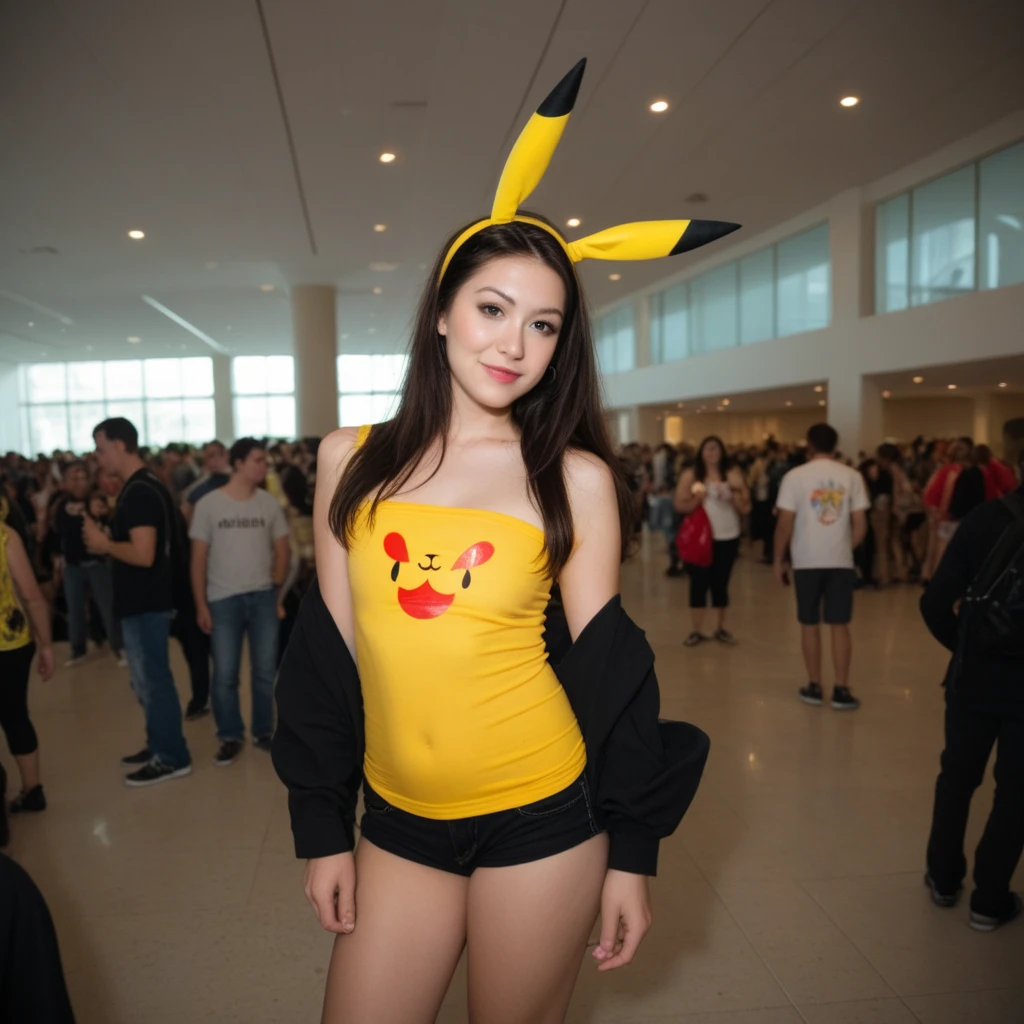 ((high detailed, best quality, 4k, masterpiece, hd:1.3)), ((best quality)), (((HD))), (((8k))), (ultraDH), (ultra HD), full-body picture, araffe, devious gaze, devious smirk, long black scene emo hair, anime girl cosplay, 🐿🍸🍋, crop-top, anime cosplay, anime girl in real life, full pikachu cosplay, Julzzess, ig model | JULES, better known as Julzzess, professional cosplay, cosplay, pikachu as a human, (breast focus), (arms fixing hair:1.2), (from front:1.3) (from below:1.1), (shoulders out:1.3), (thighs out:1.3), (breast out:1.3), (off shoulder:1.1), (goth makeup), (perfect hands, perfect anatomy)