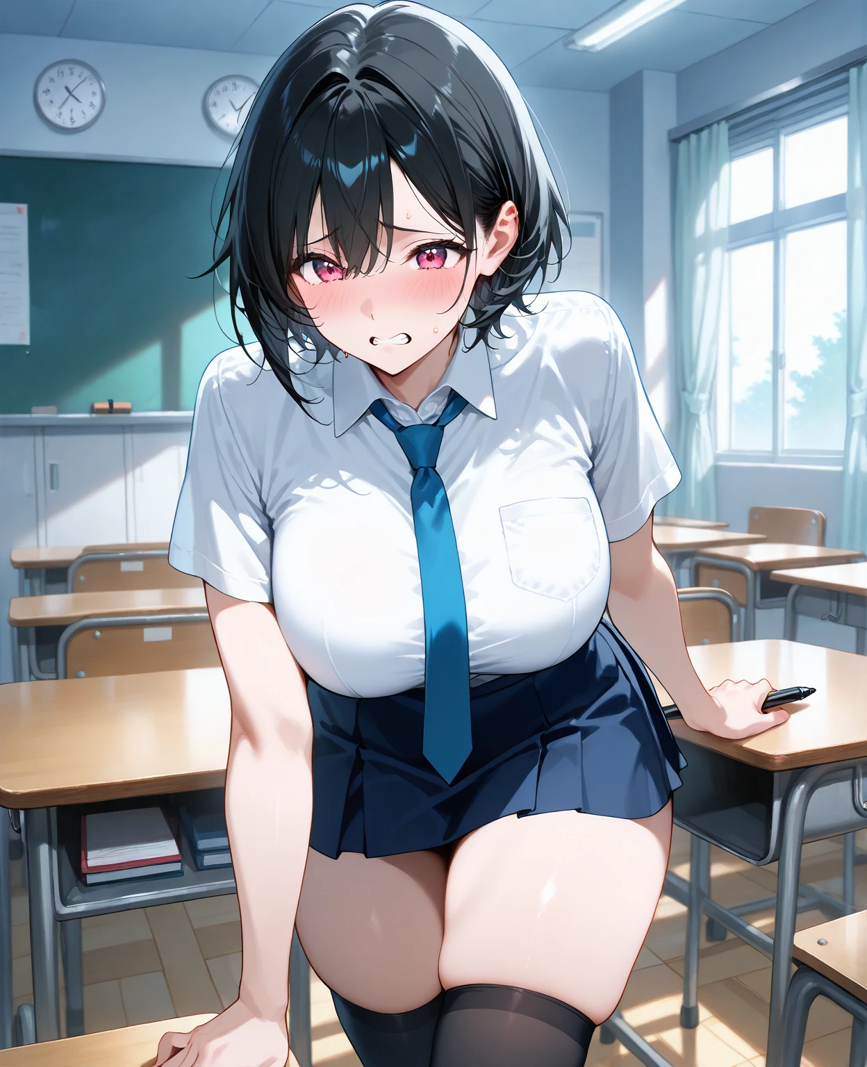 (Perfect body),Best Quality,16 K、((NSFW))、blush、(:o)、embarrassed from,((Short hair))、((low twintails))、(((Hair intake)))、(((Blue eyes))),((Dark purple hair)),(Sweat)、(Red-rimmed glasses)、(whitepanty)、(Blackknee Socks)、((Big ass))、((Big breasts))、(((thick thighs)))、((Hands behind the head))、(spreading legs)、Office room、sit on desk