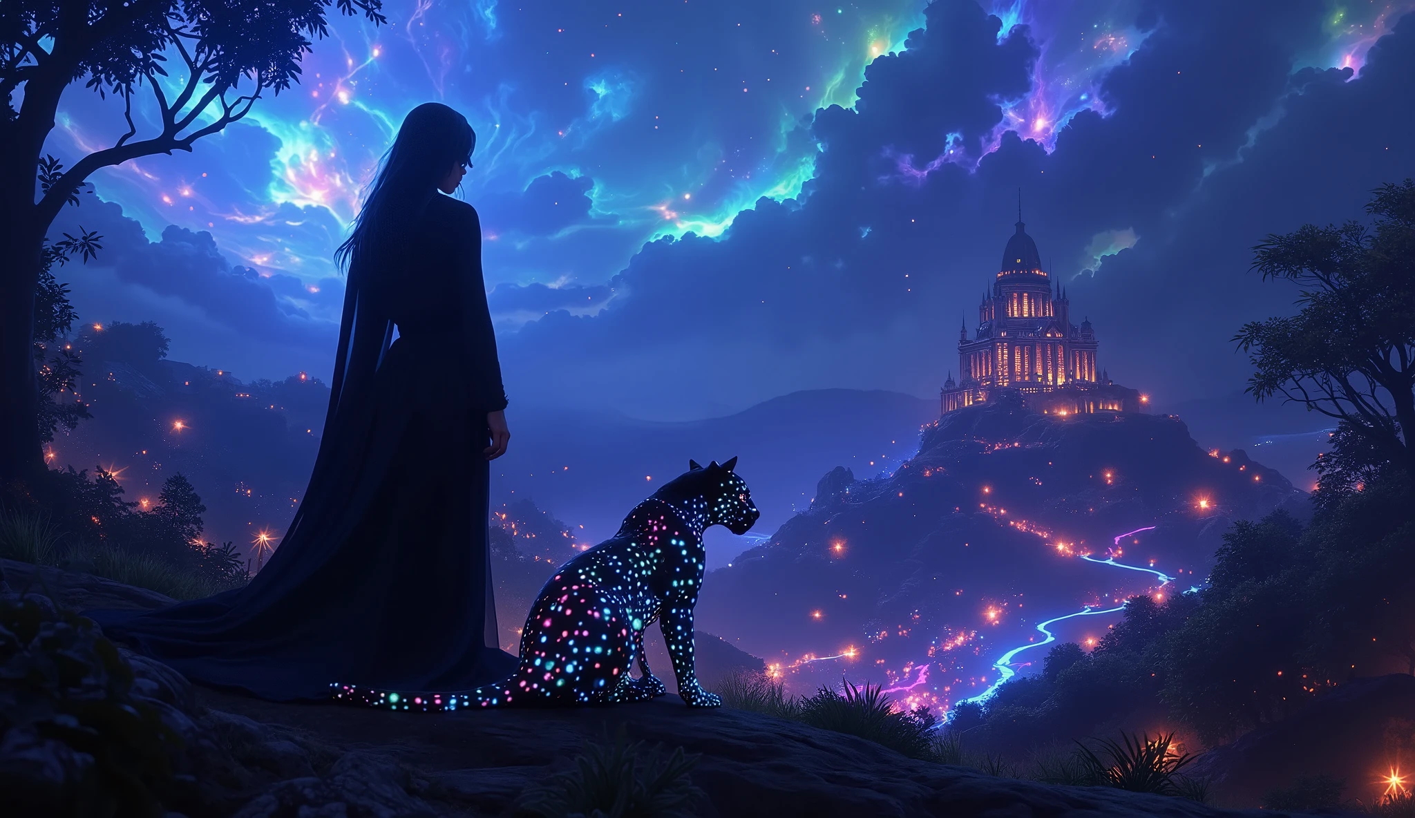 Imagine a princess in a dark cloak standing at the edge of a misty, alien jungle, her face obscured by shadow, while a bioluminescent panther sits beside her, its eyes glowing with an eerie light. She is the Shadow Princess, guardian of the jungle. The faint light from a swirling nebula casts long, distorted shadows across the landscape, revealing a ruined temple perched atop a windswept hill. The scene is rendered in a detailed matte painting style, with deep colors, fantastical elements, and intricate details, reminiscent of dark fantasy concept art trending on Artstation and Unreal Engine 5, creating an atmosphere that is both haunting and beautiful.