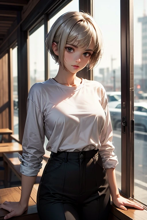 masterpiece, best quality, highly detailed, short hair, outdoors, pink_hair, {{facing viewer}}, parted lips, looking at viewer,school uniform,partially unbuttoned, realistic, real world location, {plunging neckline},looking at viewer, hand in own hair, close to viewer, cityscape, city, building, school, outdoors, multiple others
