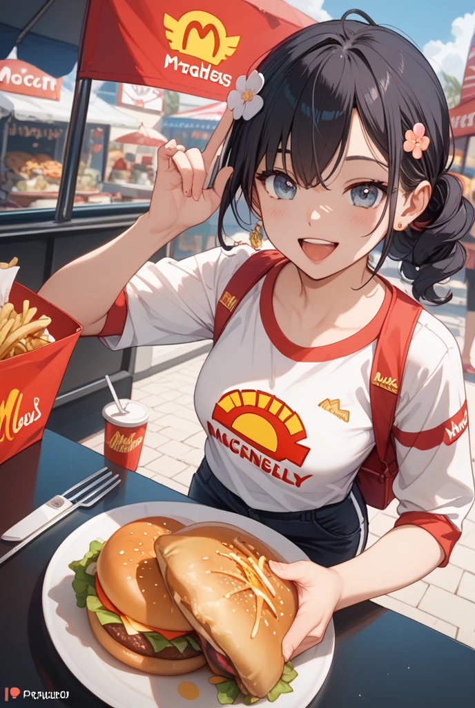 A cheerful girl smiling while holding a hamburger in one hand. She is posed dynamically, wearing denim shorts and a cropped top, exuding a fun, lively energy.