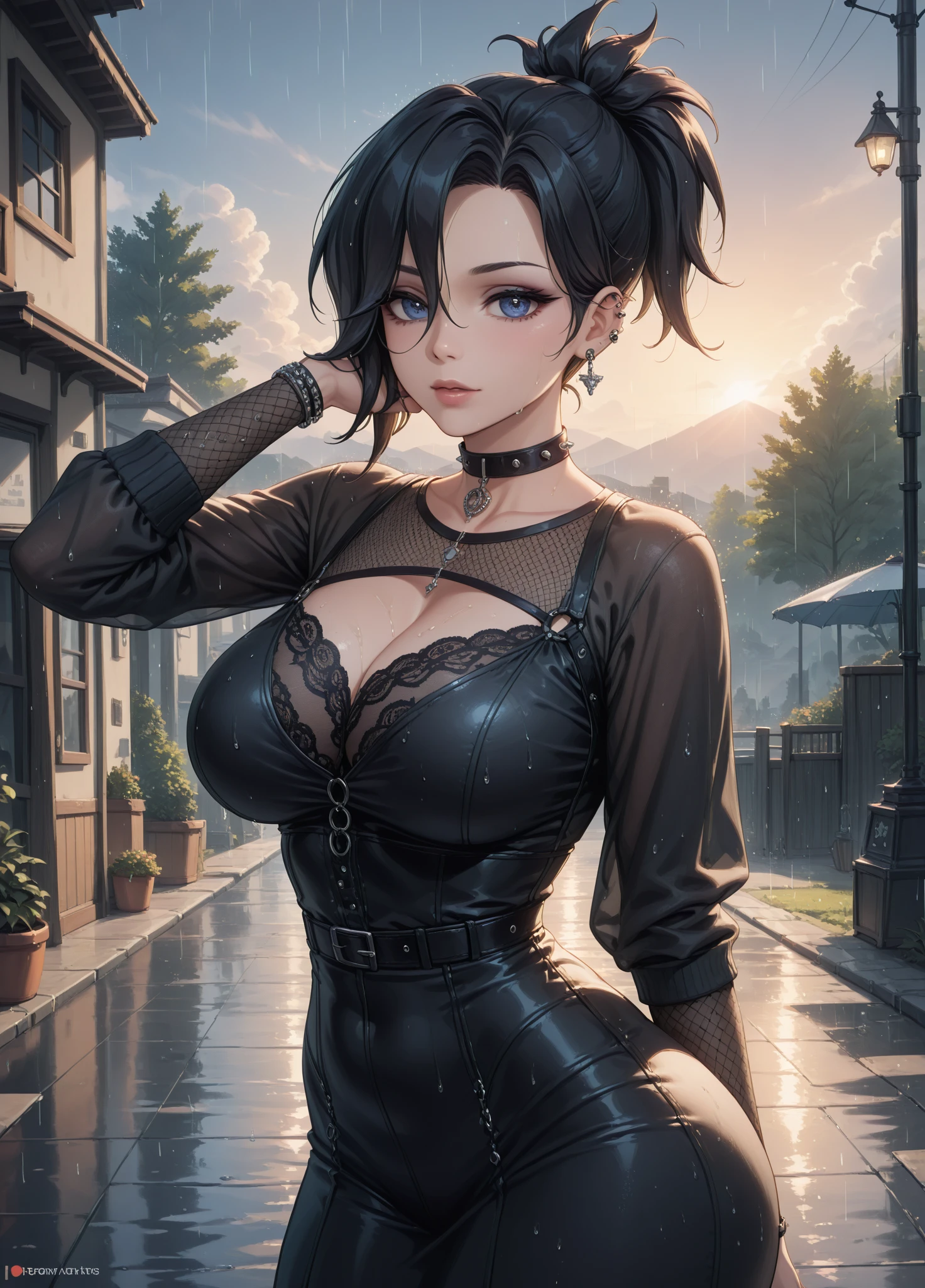 1female，45 yers old，Married woman，Milf，mature，Plum，Very big，big chest and thin waist，long leges， solo，（Background with：at a forest，lotus flower，ponds） She has short black hair，bobo head，，seen from the front， Stand deep in the forest， The sky is mostly cloudy，（（（tmasterpiece），（Very detailed CG unified 8k wallpaper），Best quality at best，Movie Lighting，detailed back ground，beautidful eyes，Bright pupils，黑The eye，Snow-whiteskin，Redlip（very delicate beautiful），（Beautiful and detailed eye descriptions），ultra - detailed，tmasterpiece，））facing at the camera，A high resolution，ultra - detailed），revealing breasts，Bare genitals，  Convex，legs are open，Raised sexy，Camel toes，unsatisfied desire，Street，Construction workers（dressed in：Oversized，drooping chest，nakeness，jeans overalls，Sci-fi Future）