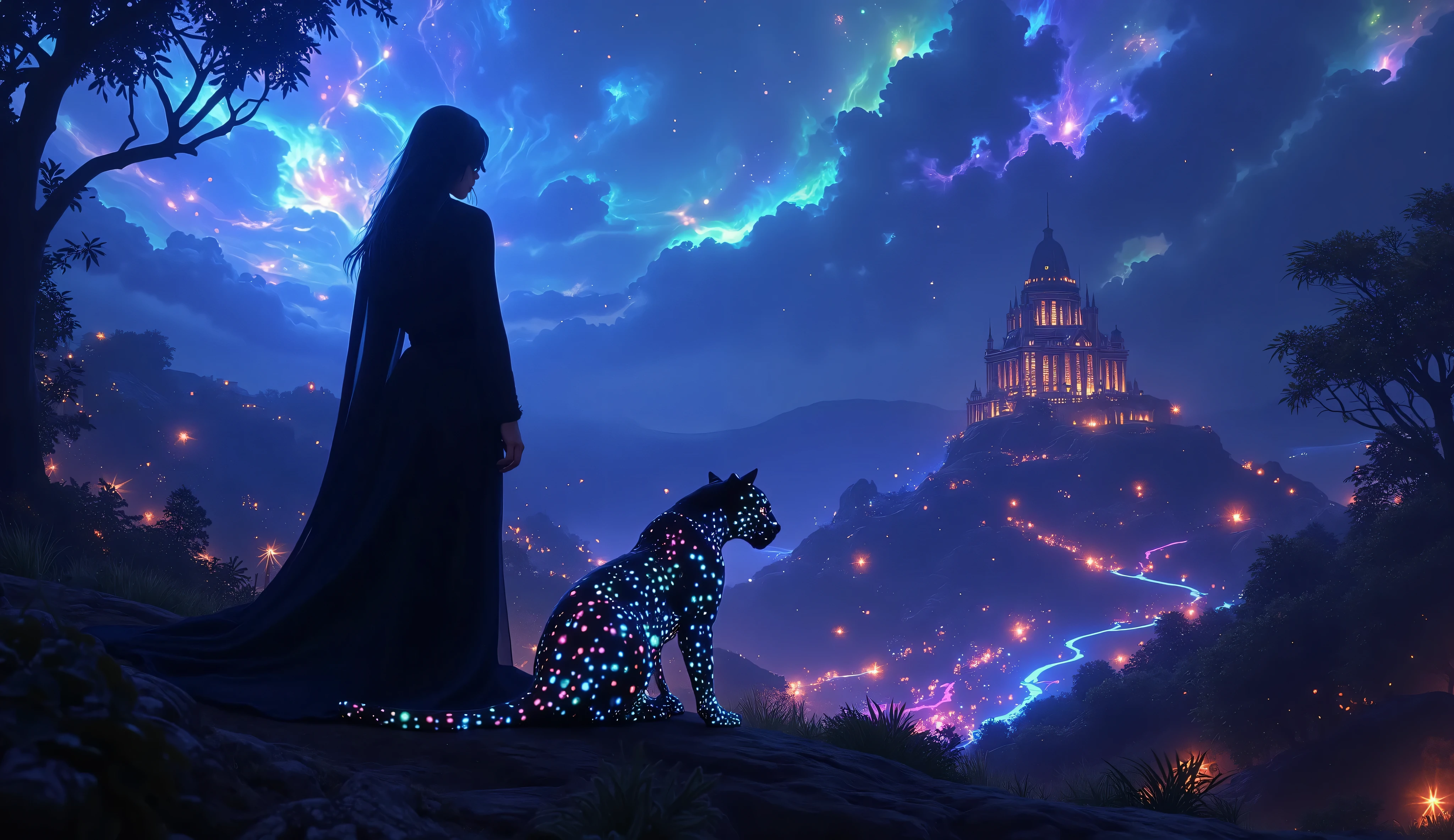 Imagine a princess in a dark cloak standing at the edge of a misty, alien jungle, her face obscured by shadow, while a bioluminescent panther sits beside her, its eyes glowing with an eerie light. She is the Shadow Princess, guardian of the jungle. The faint light from a swirling nebula casts long, distorted shadows across the landscape, revealing a ruined temple perched atop a windswept hill. The scene is rendered in a detailed matte painting style, with deep colors, fantastical elements, and intricate details, reminiscent of dark fantasy concept art trending on Artstation and Unreal Engine 5, creating an atmosphere that is both haunting and beautiful.