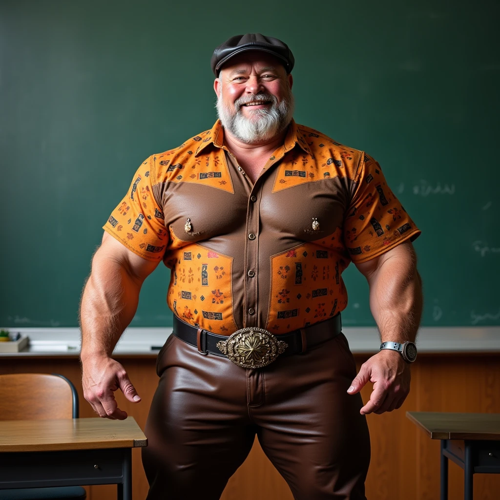 (((1 Fat Only plump chubby extremely thick thighs large belly fat age 50 years old he is bearded long hair, tatuagens pelo corpo inteiro, wears an unbuttoned black leather jacket, wearing only red swim trunks and wearing black motorcycle boots. Carrancudo e cara de homem mal))), He is a biker who stands next to his Harley Davidson motorcycle, Fotografia de corpo inteiro fotografia, (((He is standing inside a classroom teaching a class of students))). (bestiality,realistic:1.37),portrait,studio lighting,vivid colors,soft lighting,barefoot,underbelly,relaxed pose,brightly lit room,cozy atmosphere,happy expression,warm color palette,smiling face,Wide shot of a big fat man with a big fat belly