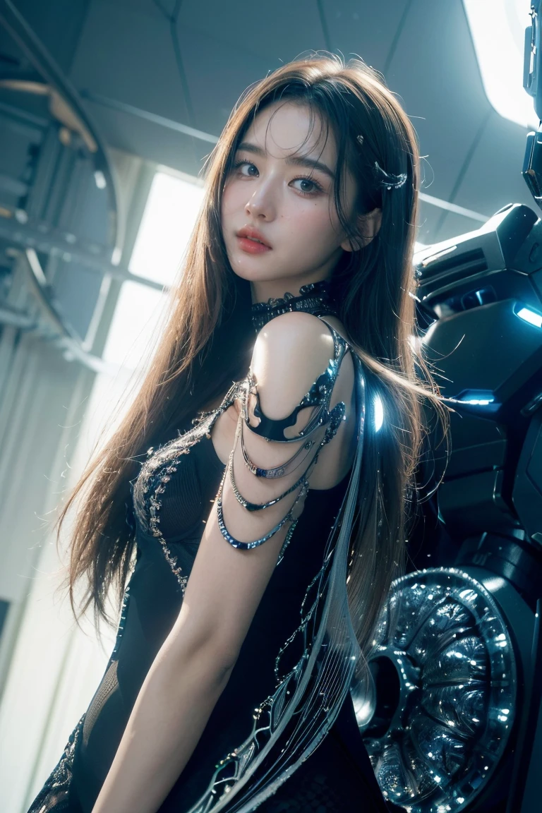 (realistic、Like a photograph、live action、8k, Photoreal, RAW photo, best image quality: 1.4), Single-lens reflex camera、RAW photo, highest quality, realistic, Highly detailed CG Unity 8k wallpaper, Depth of written boundary, cinematic light, Lens flare, ray tracing, From above:1.2、realistic background、(black suit:1.4、hot pants:1.35、Clothes that fit the skin:1.3)、((super dense skin))、 1 female,beautiful japanese woman、Space Detective、future police、SF:1.3、cool beauty、((full body shot:1.5)、big breasts:1.2、cleavage:1.1)、look away、super detail face、random hairstyle:1.2、i like the style、long hair、Snazzy、Super detailed、pay attention to details、long hair、hair arrangement、raised hair、wearing high heels、beautiful detailed earrings、necklace、perfect costume、(white skin)、(I can see the whole body)、beautiful feet、Background of detailed expression、Standing in the near future world、cyber city、future city