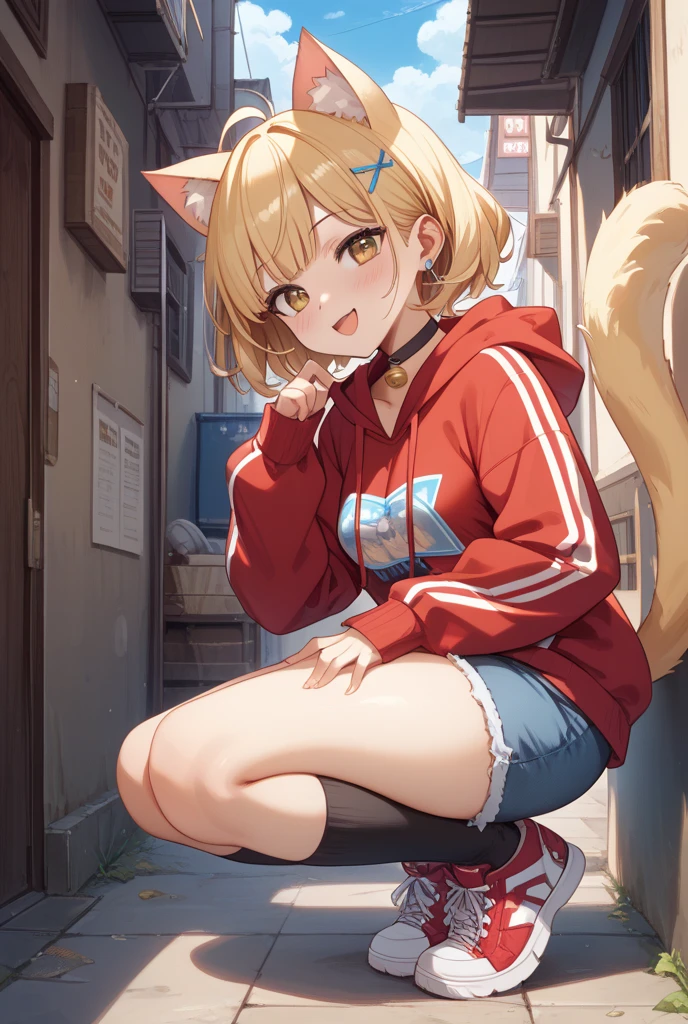 (Highly detailed CG Unity 8k wallpaper), (Best Quality), (Super Detail), (Best Illustration), (Best Shadow), POV, Realistic lighting and shading, Natural light, Lens flare effect, BREAK, 1 beautiful girl, Solo,(Cute:1.5),(Chibi:0.8), (kawaii:1.5),(Lori:0.5), BREAK, ( (17 years old girl), Very detailed, colourfull, highest details, BREAK, (Huge breasts: 1. 2,), Clear skin, Beautiful skin, Shy skin, 1 beautiful girl, Brown hair, (Cat ears, Ponytail, medium-Long hair: 1. 2), (Light blue eyes, long eyelashes, Double eyelids: 1. 2), Solo,red blush, gleaming skin, BREAK,(skirt by the,a miniskirt,Beige skirt:1.2), (Sleeveless, sleeveless shirts, Red Shirt:1.2), (star-shaped earring:1.1), (Lace headband:1.0), (Cute back:1.3), (A smile,Happiness:1.1), (Squatting,Pulling up her skirt with both hands,Showing pants,Open legs,Stripe String Pan:1.3), (Angle from below:1.1), BREAK,