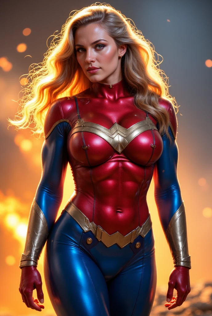 ultra-detailed, realistic: 1.35, Super hero girl, 18 years-old, large full breasts, Full-body shot,Dressed up
(One-piece Supergirl Suit), korean idol face, big chest, ((spandex suit, troso tight bodysuit)), ((blond hair,
Big breasts: 1.4)), very Thin bodysuit, heroic appearance, detailed collarbones and chest, smooth skin,
pupils sparkling, feminine allure, strapless bodysuit
