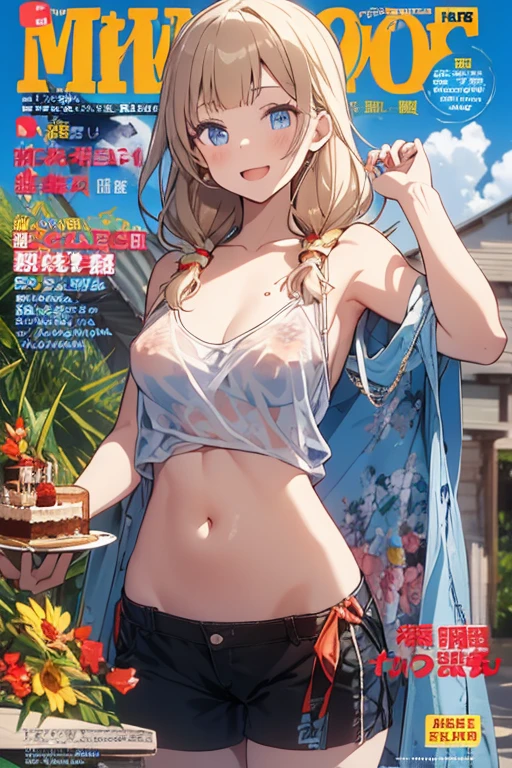 (small breasts:1.2), (perky chest:1.2), (pointed chest:1.2), (Pudding cake magazine cover:1.3),(from below:1.0),(shoot from the side:1.1),masterpiece, 1girl, Amazing Cleavage:1.1, thin waist, optimum,tmasterpiece,hight resolution,best qualtiy,hyper HD,super detailing,awardwinning,a 18yo cute girl,(The upper part of the body),anatomy correct,Beautiful Black miniskirt,garters,Gaze,Small face,bangss,holster,Beautuful Women,hands up,leg holster,Gaze,black boots,Cowboy Shot,cute face,a blond,Longhaire,Twin-tailed,Braids, Hairline,（scarlet eyes）,long eyelasher,Hanging eye corners,White skin of the, ((see through camisole:1.1)), ((Sheer nipples:1.0)),Rocket Tits,(Slim body),smile,seductive weak smiling,(with sparkling eyes and a contagious smile),little open mouth, Looking at Viewer,
